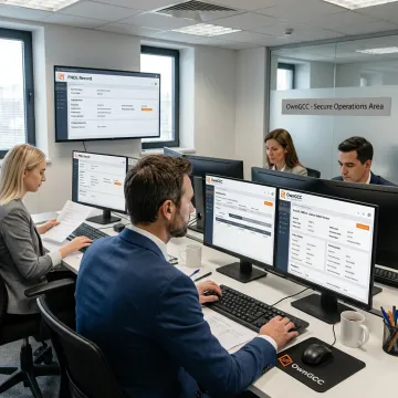 Insurance claims outsourcing team reviewing digital files