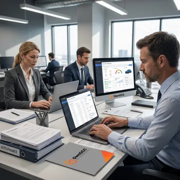 Auto-loan underwriting support team reviewing loan files