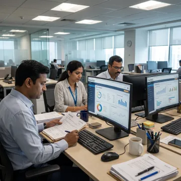 Insurance outsourcing team reviewing claims and policy files