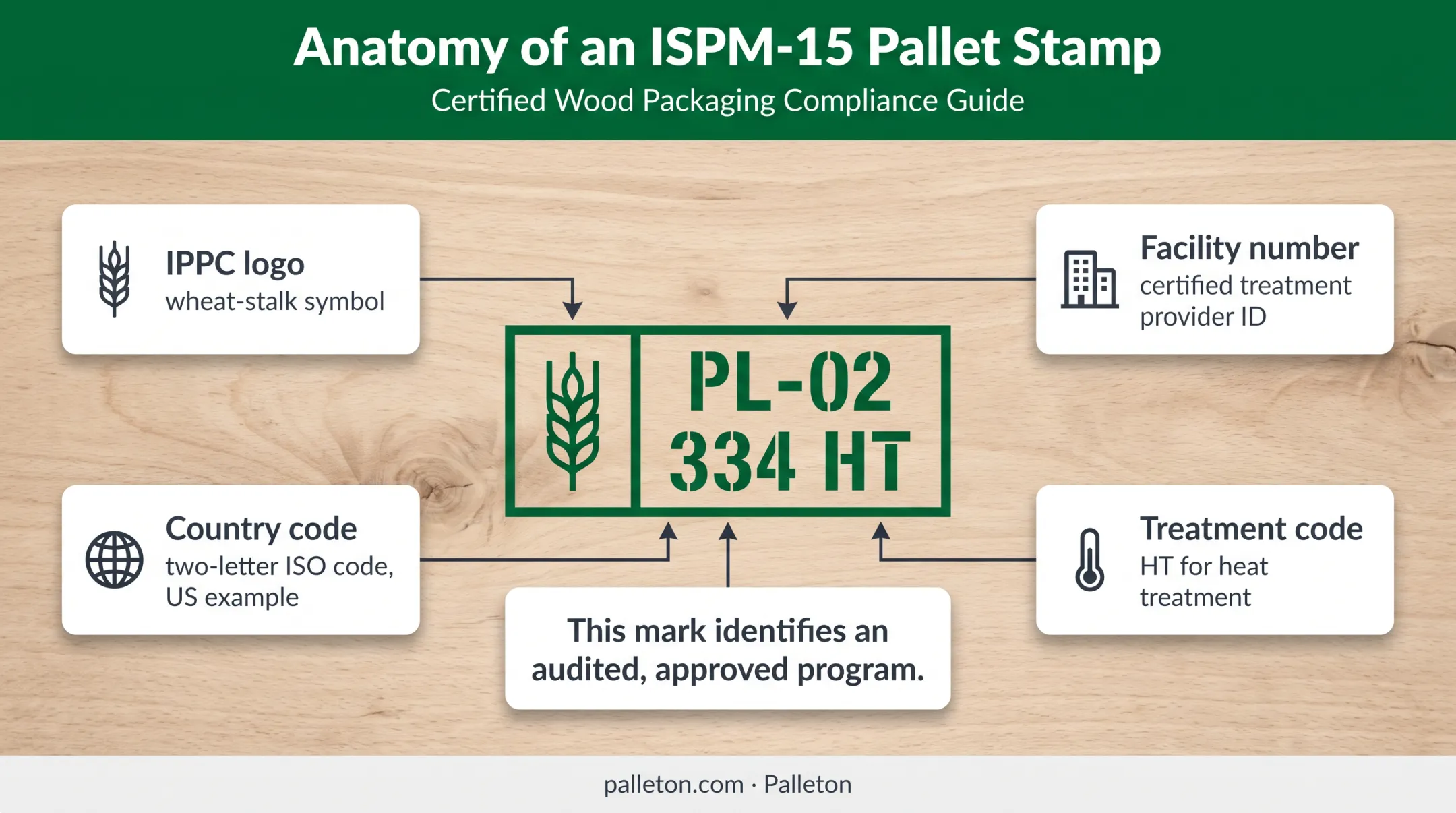 Four-part IPPC mark example showing certified pallet treatment details