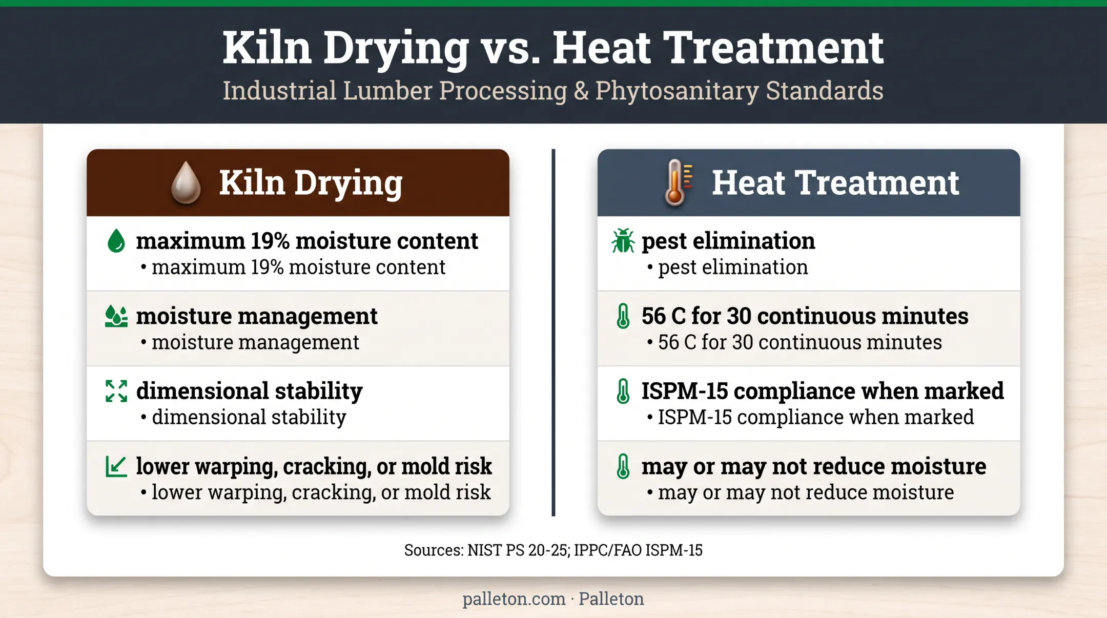 Kiln drying versus heat treatment pallet comparison infographic