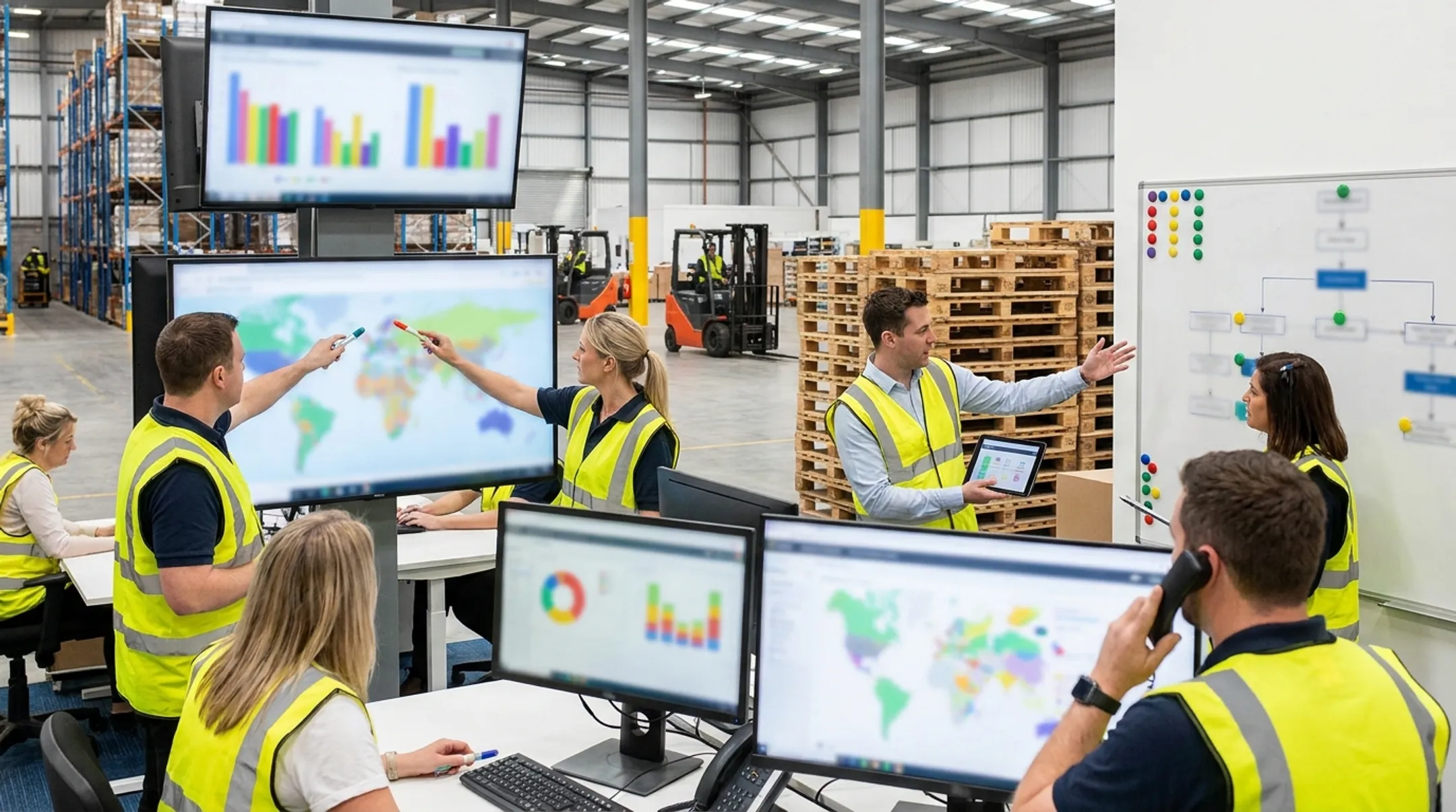 Pallet tracking team monitoring inbound and outbound inventory operations