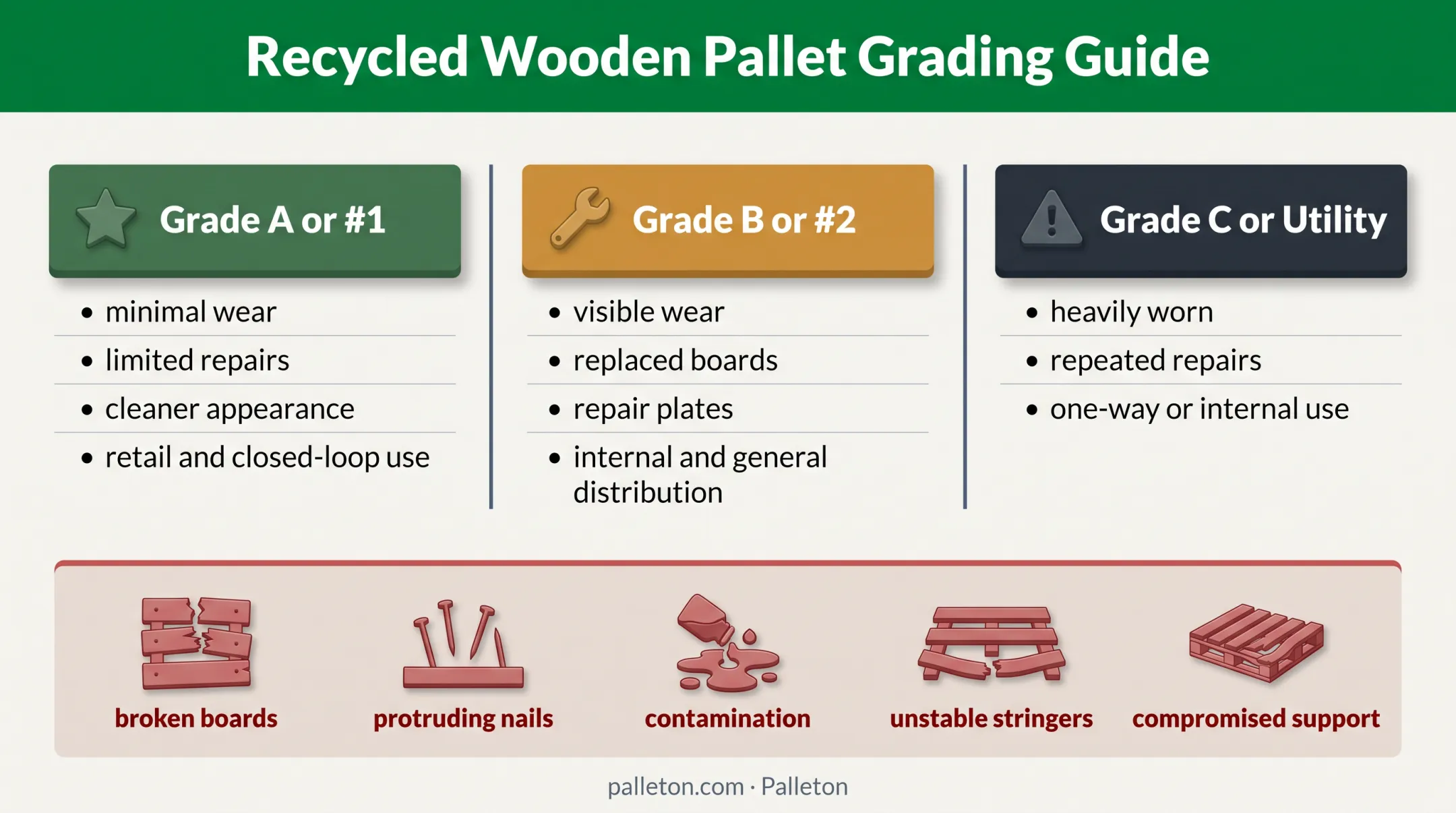 Three-tier recycled pallet grade comparison with warning signs
