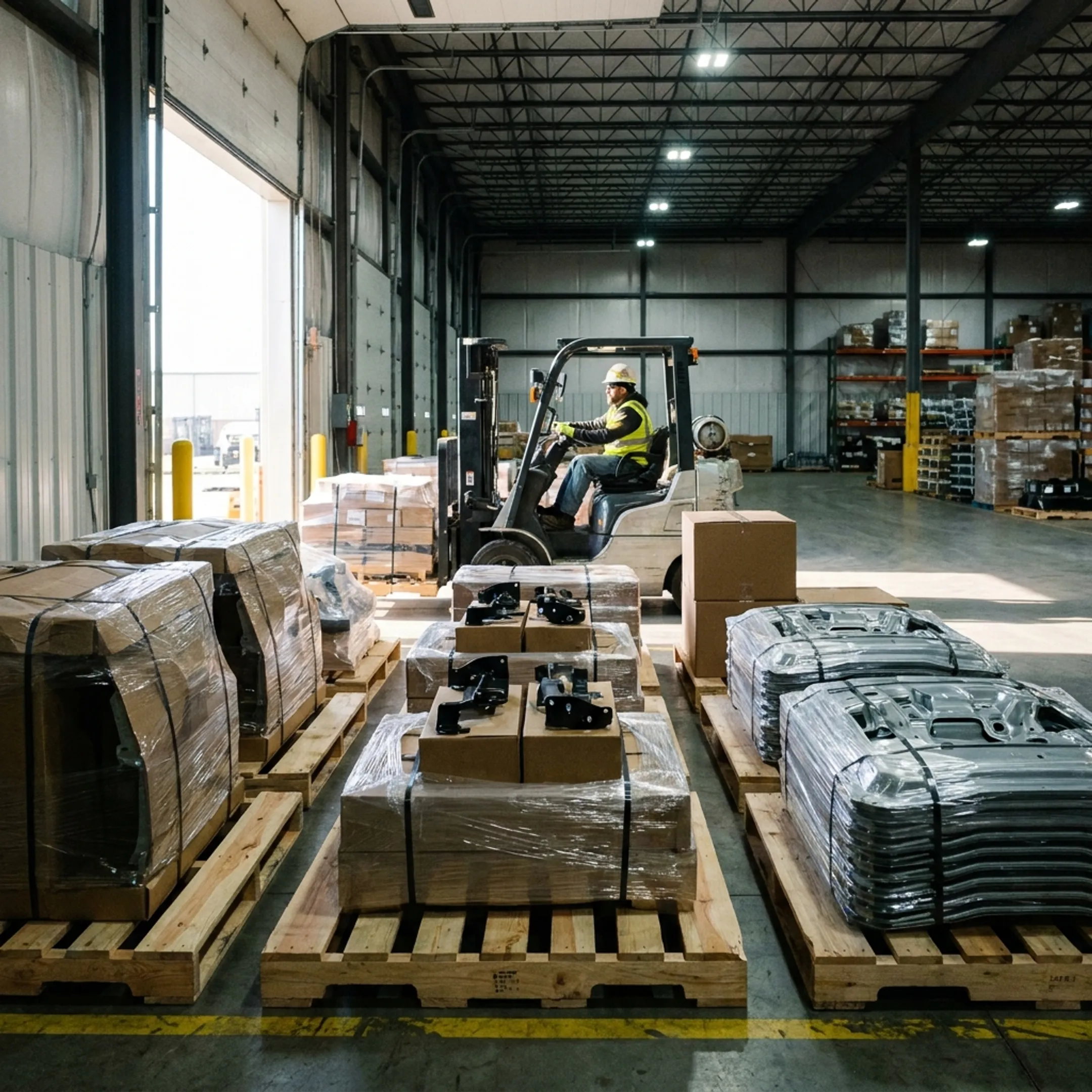 Automotive components on wood pallets