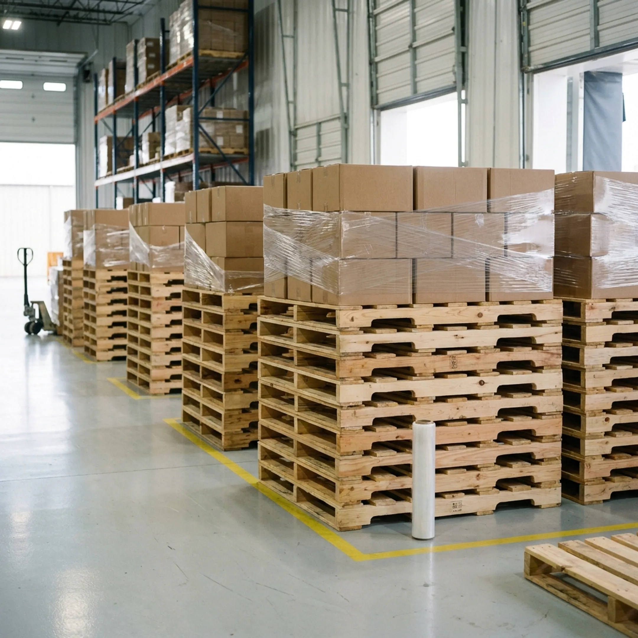Food and beverage products on wooden half pallets