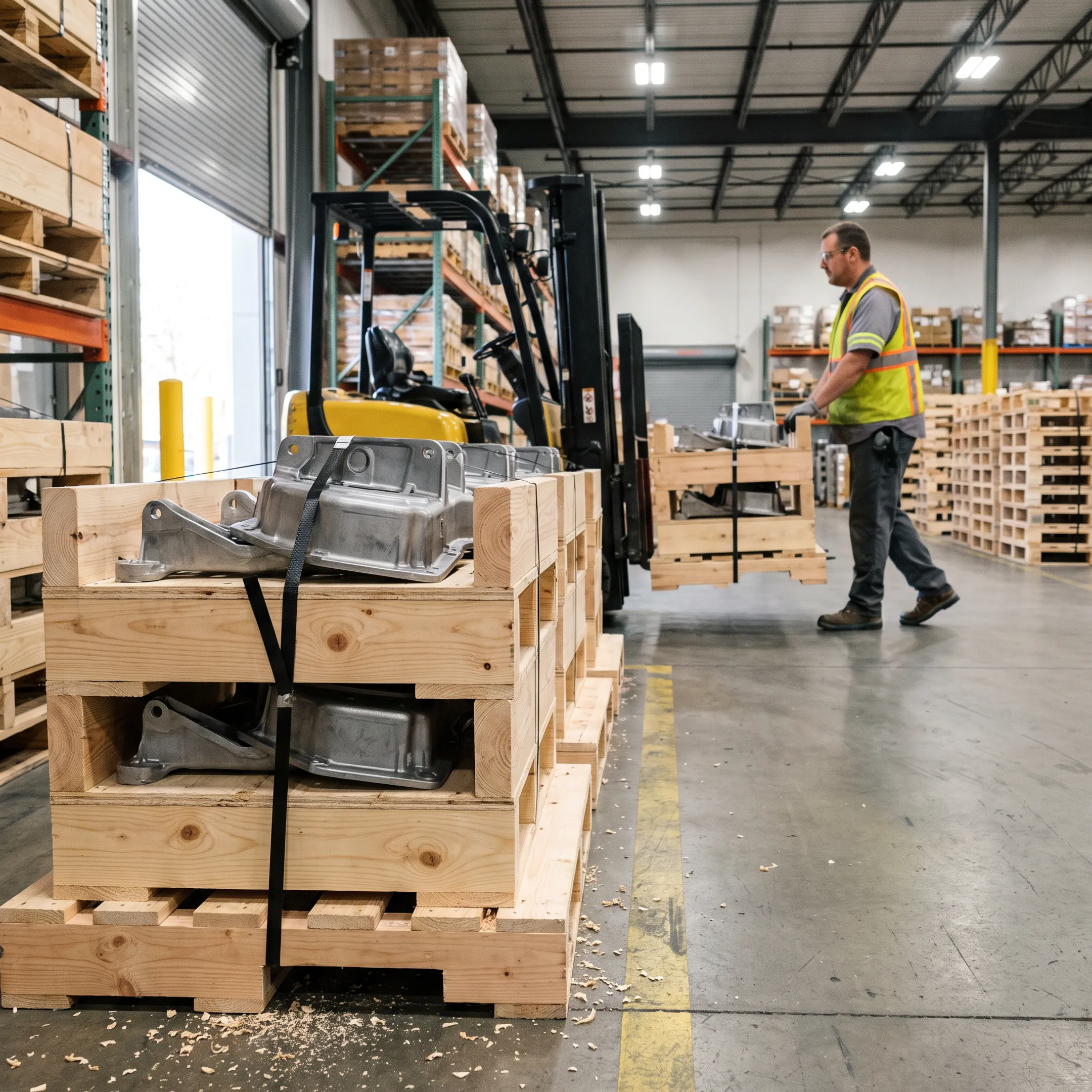 Automotive components on wooden half pallets