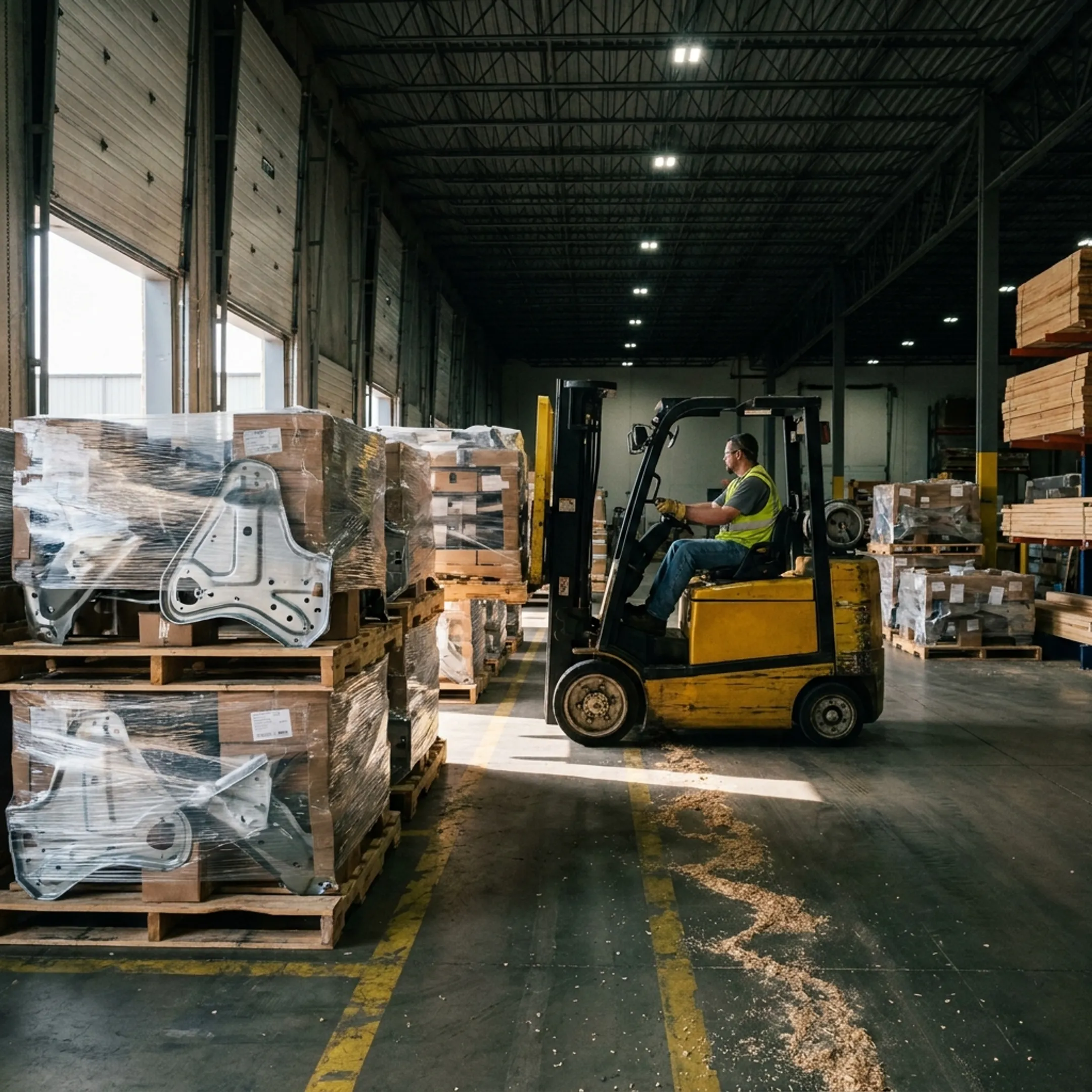 Automotive components on wood pallets