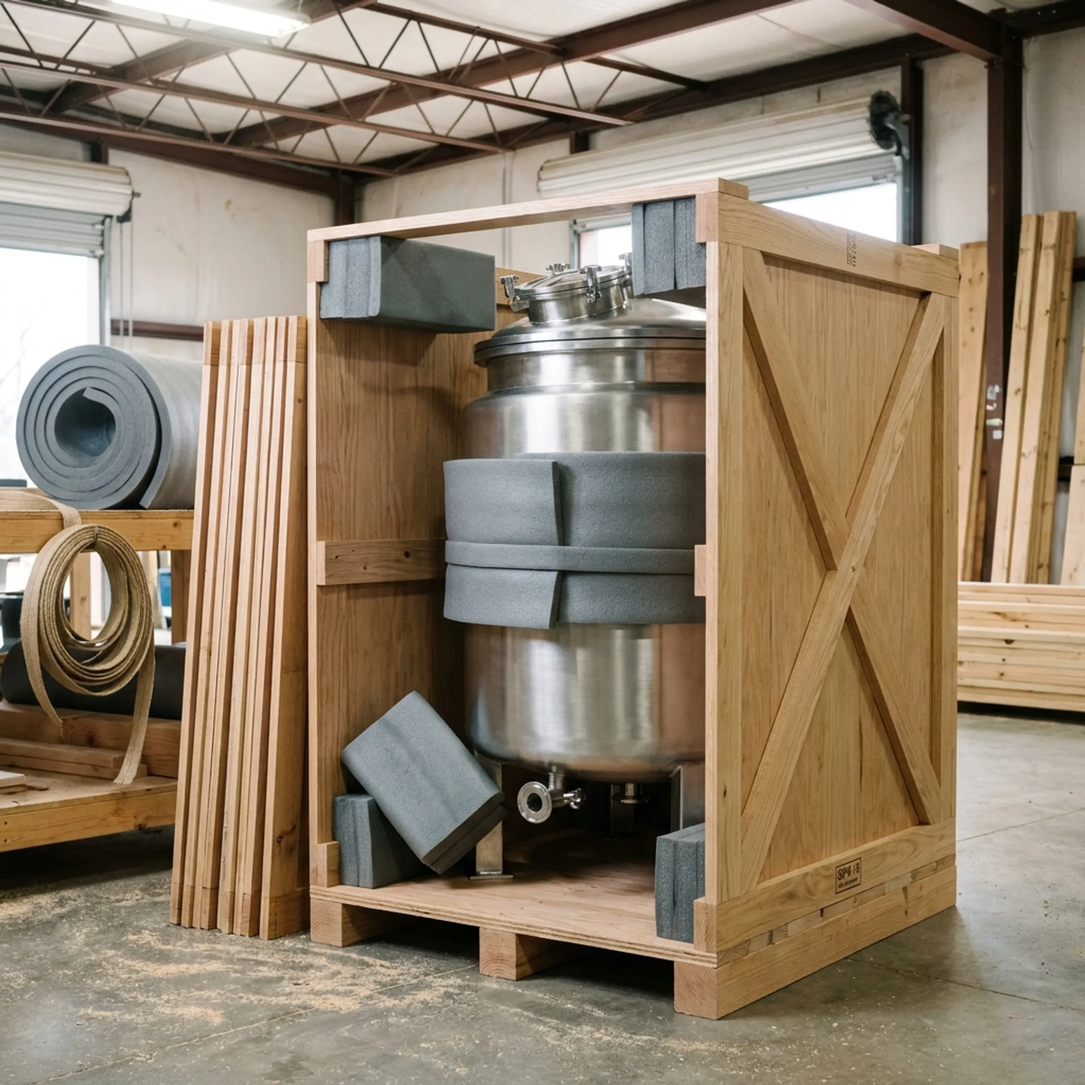 Food and beverage equipment in a wooden crate