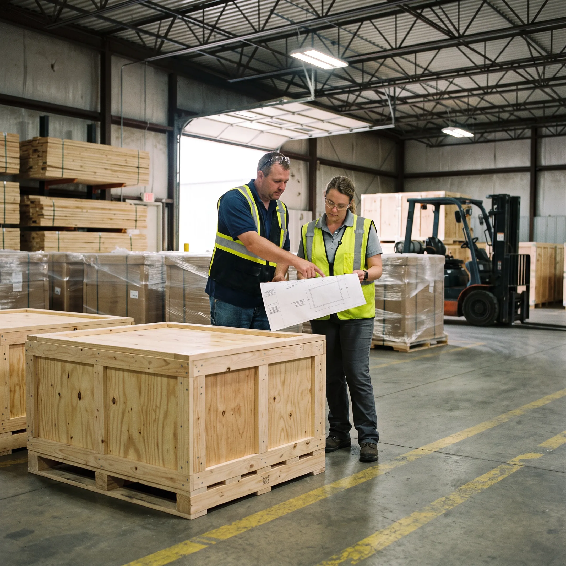 Palleton team inspecting custom export packaging for a shipment