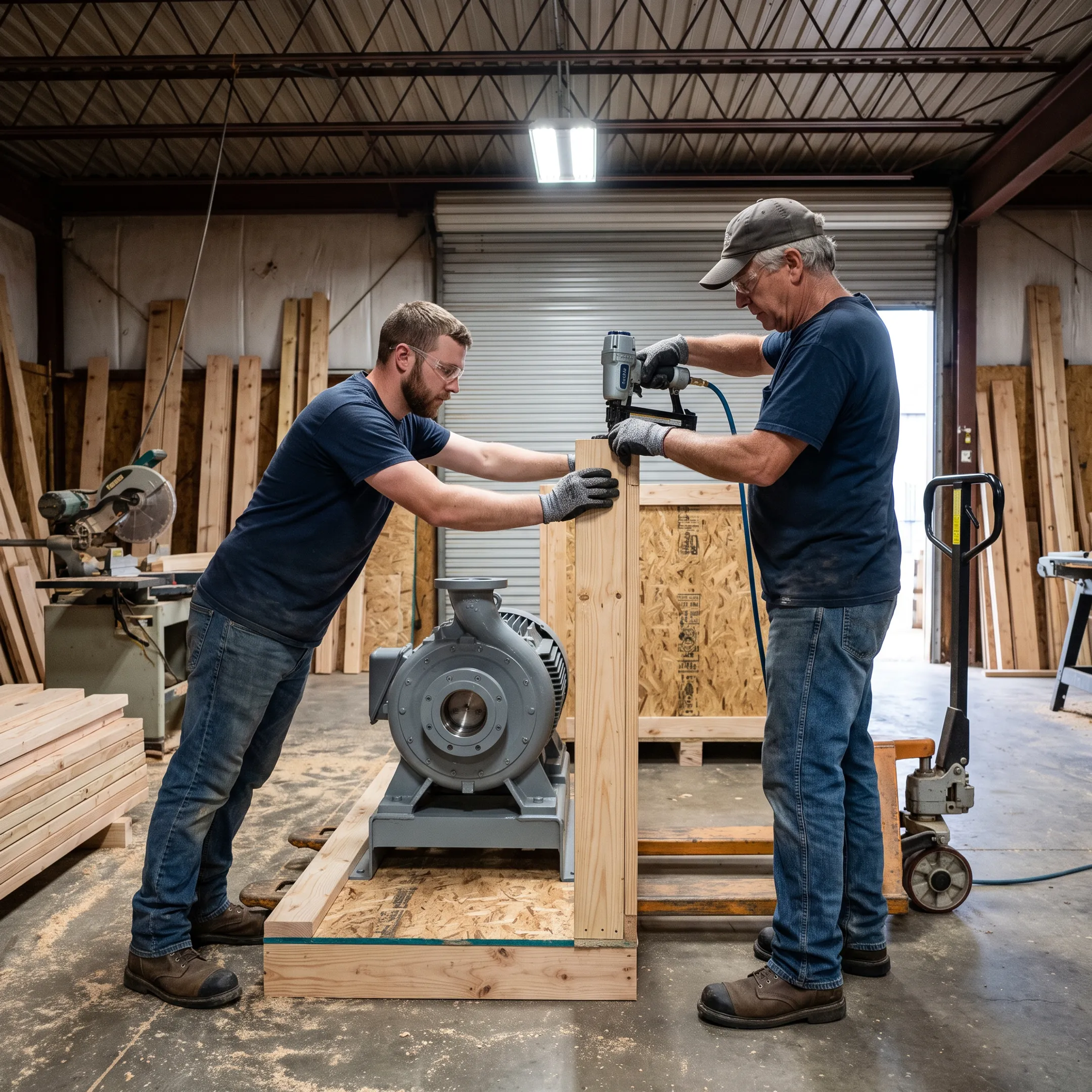 Custom wood crate being assembled around industrial equipment