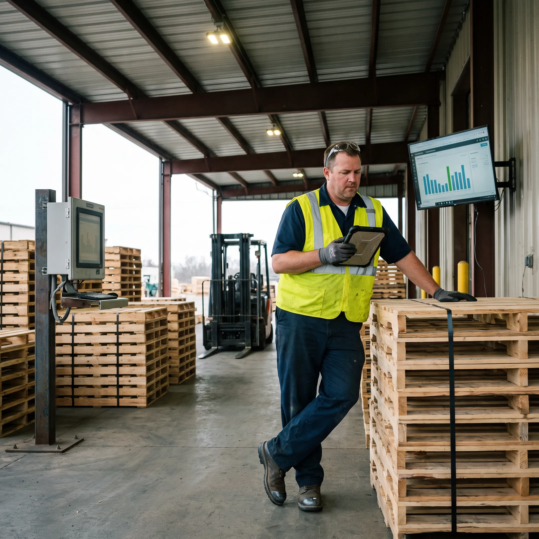 Manager inspecting organized pallets beside a digital supply chain dashboard
