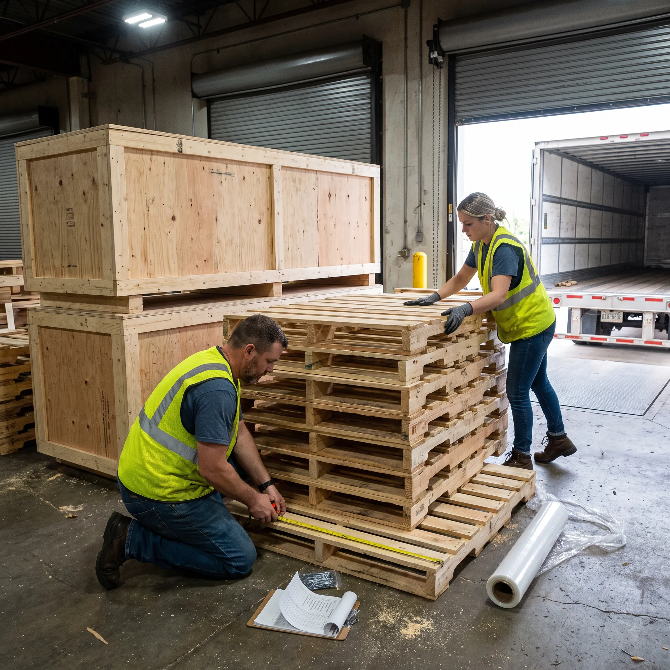 Palleton team preparing custom export pallets and shipping crates