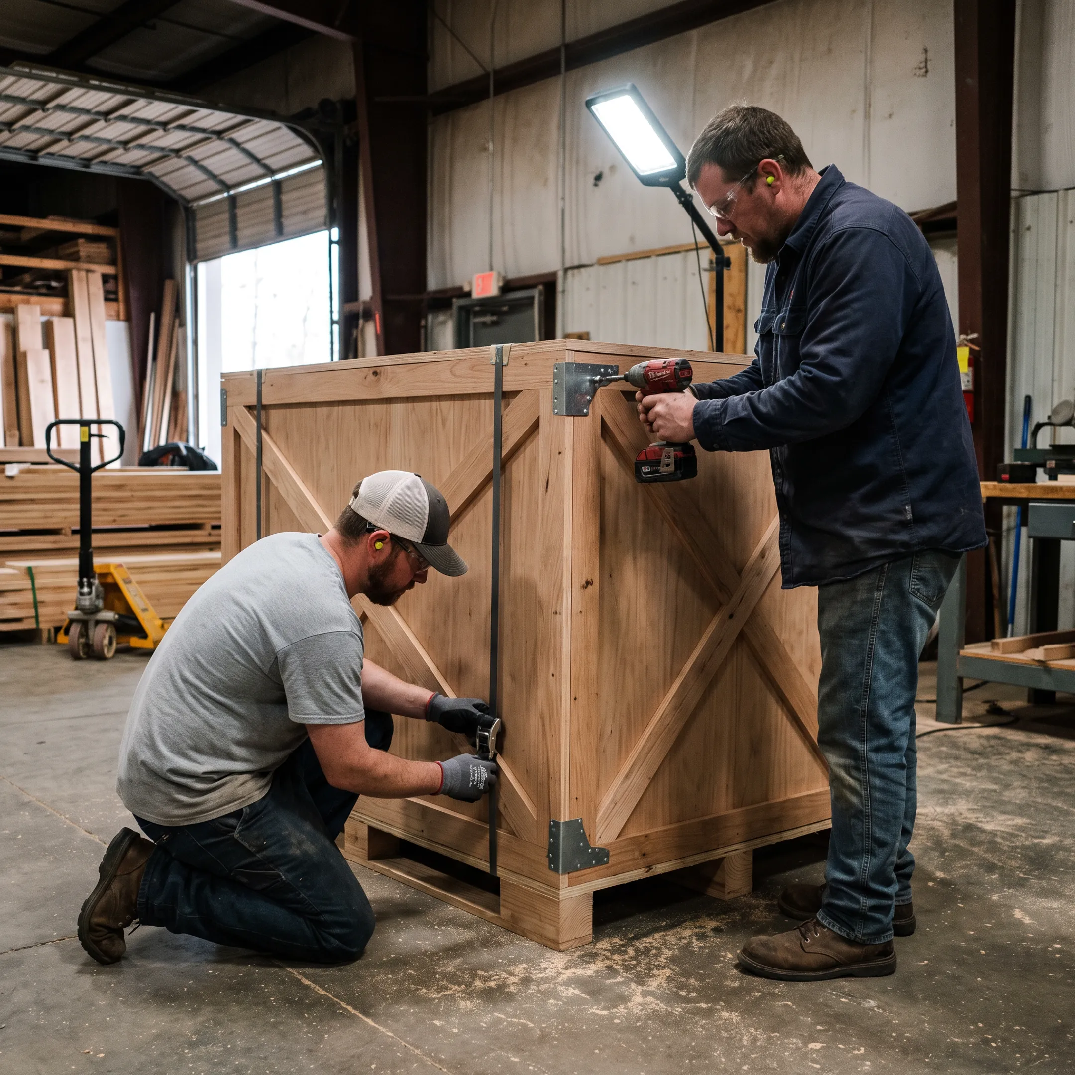 Palleton team preparing a custom shipping crate