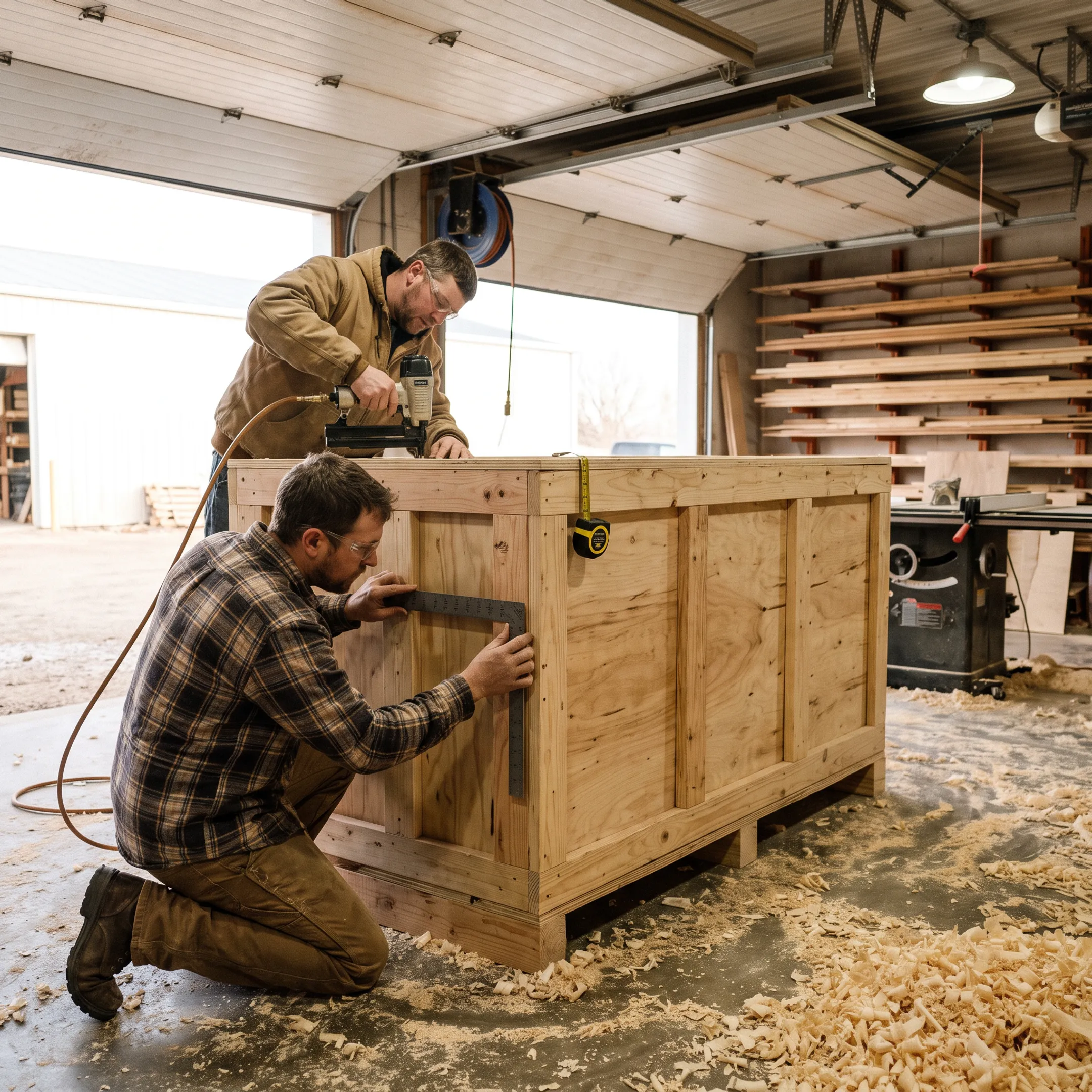 Craftspeople building a custom wooden shipping crate