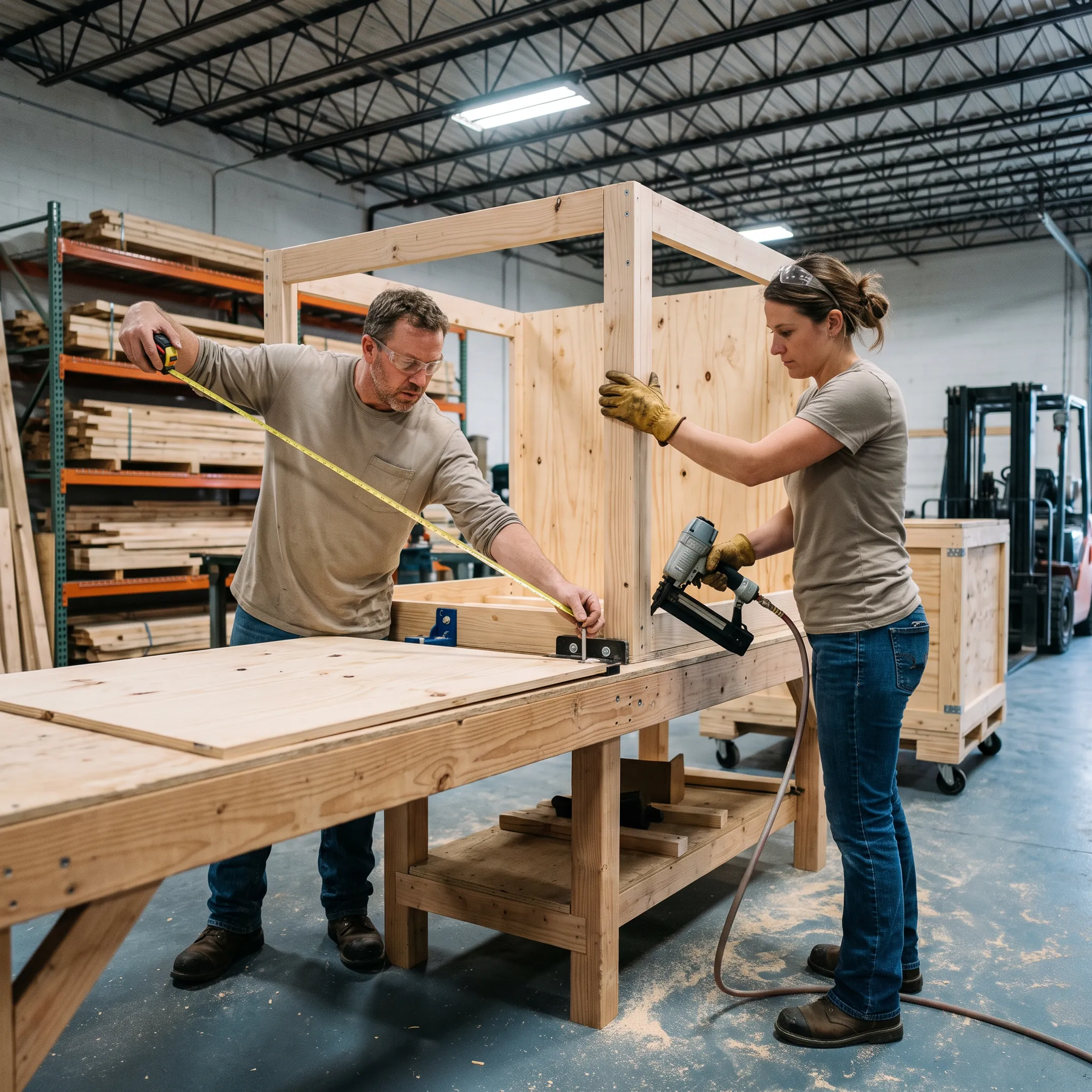 Palleton team constructing a custom shipping crate