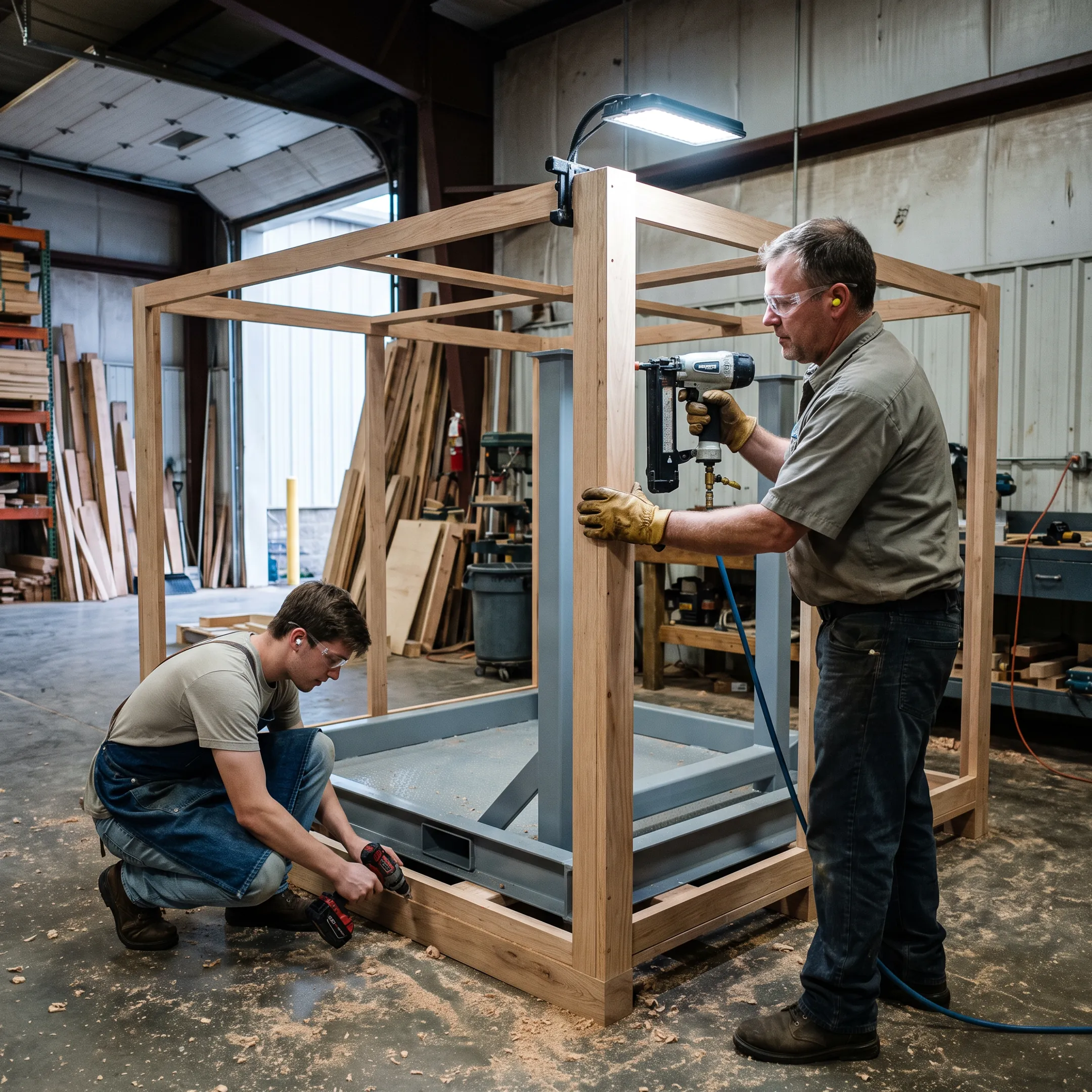 Workers building a custom wooden crate for industrial equipment