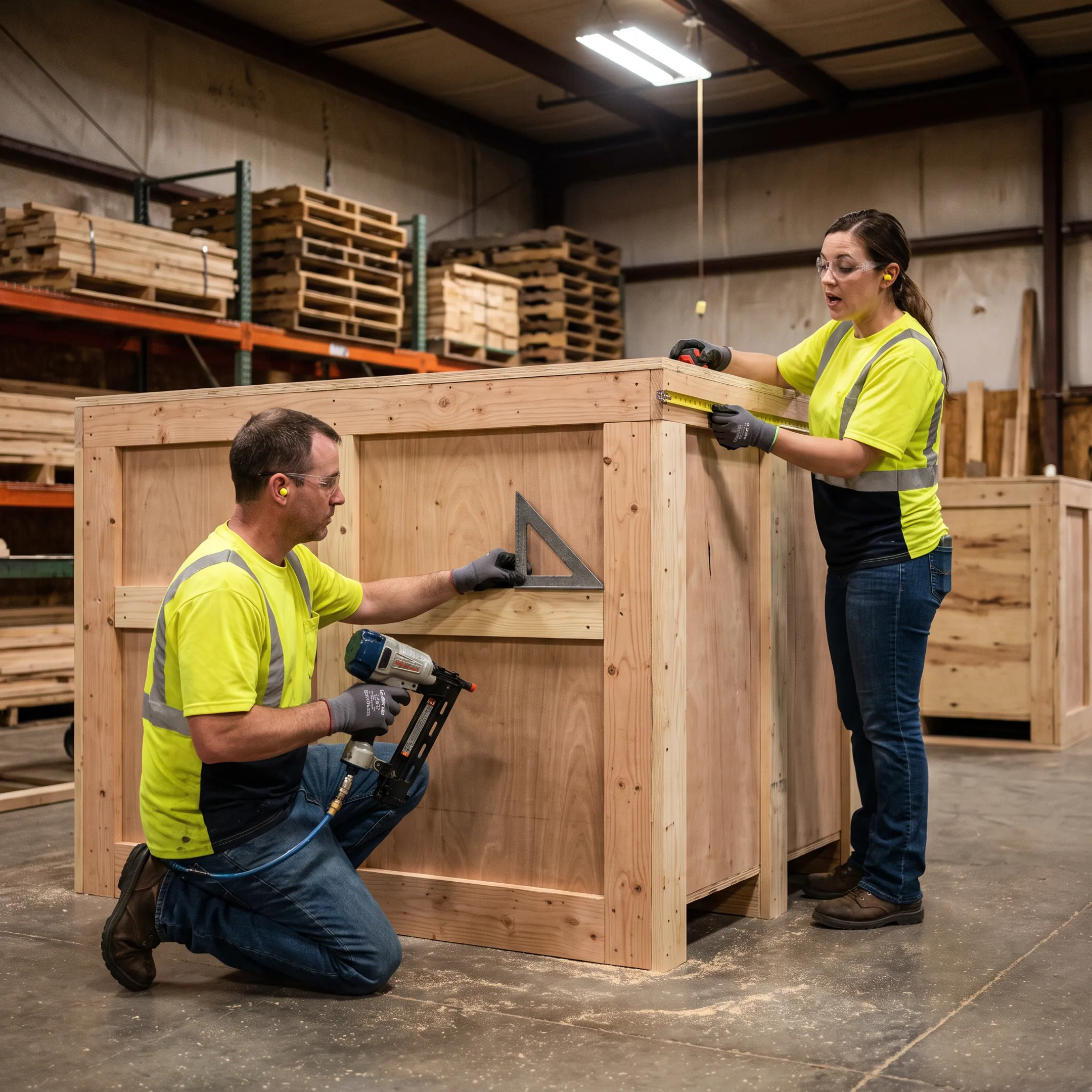 Palleton team building a custom wooden shipping crate