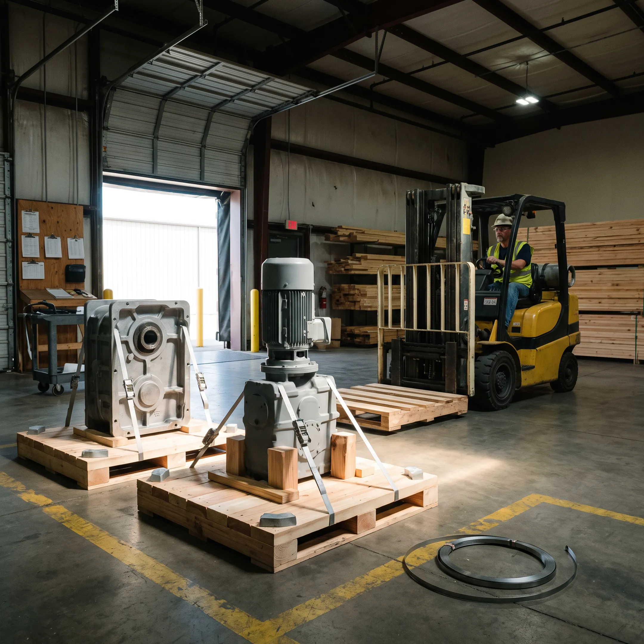 Machinery and equipment on custom wood pallets