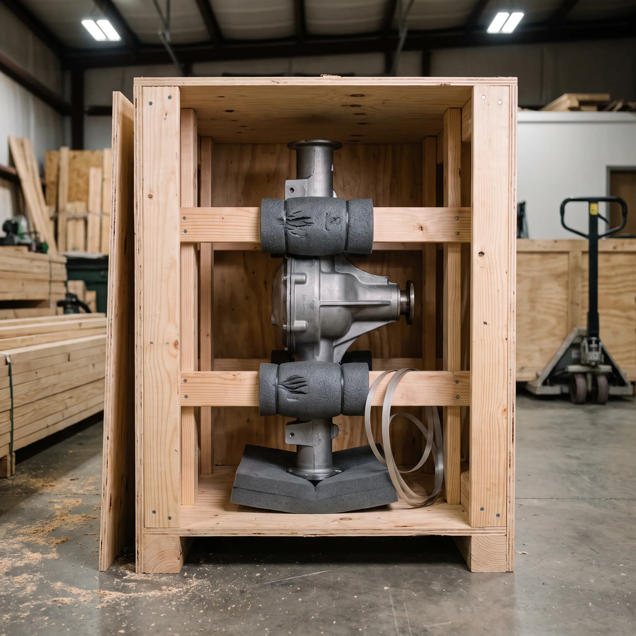 Automotive components secured in a shipping crate