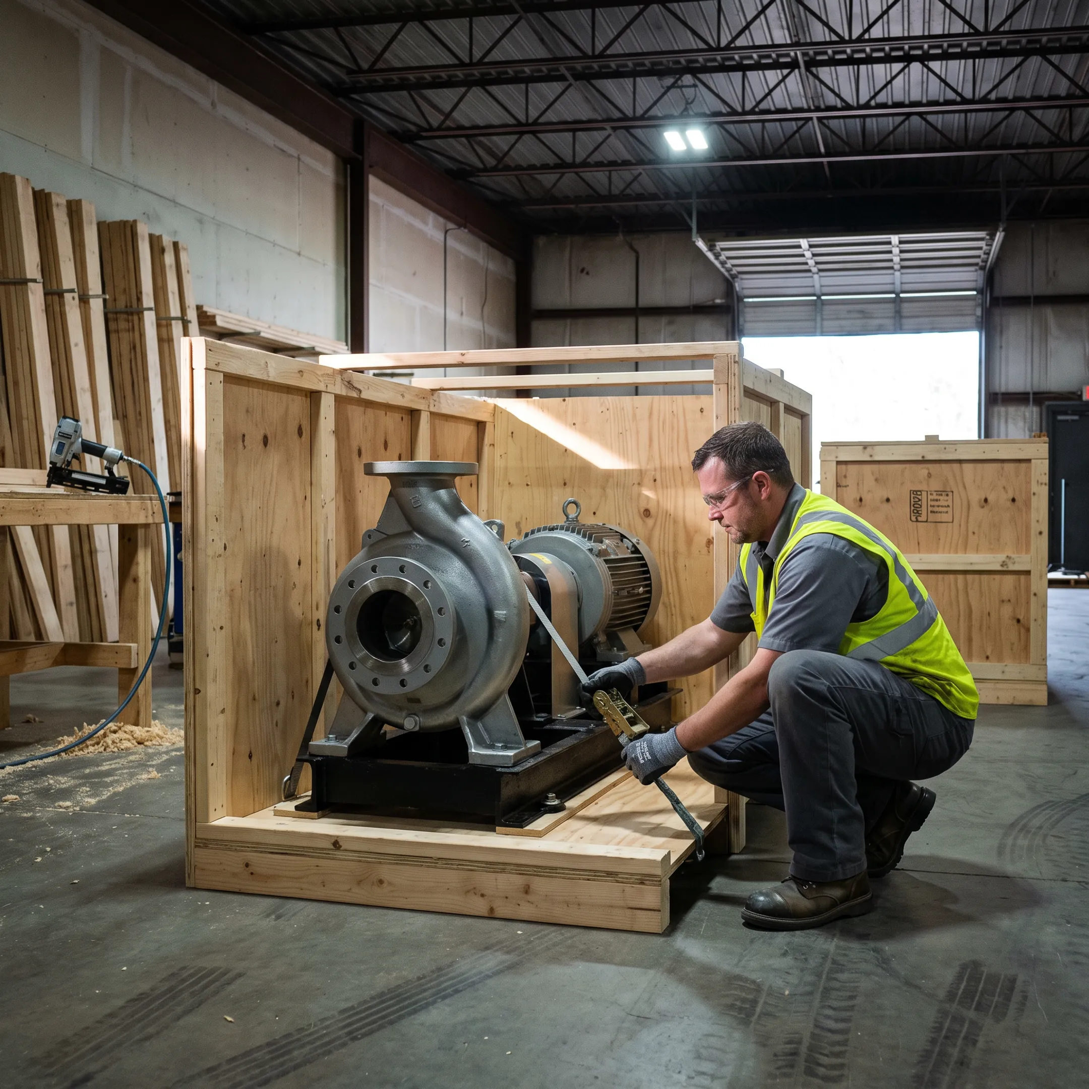 Manufacturing equipment in a custom shipping crate