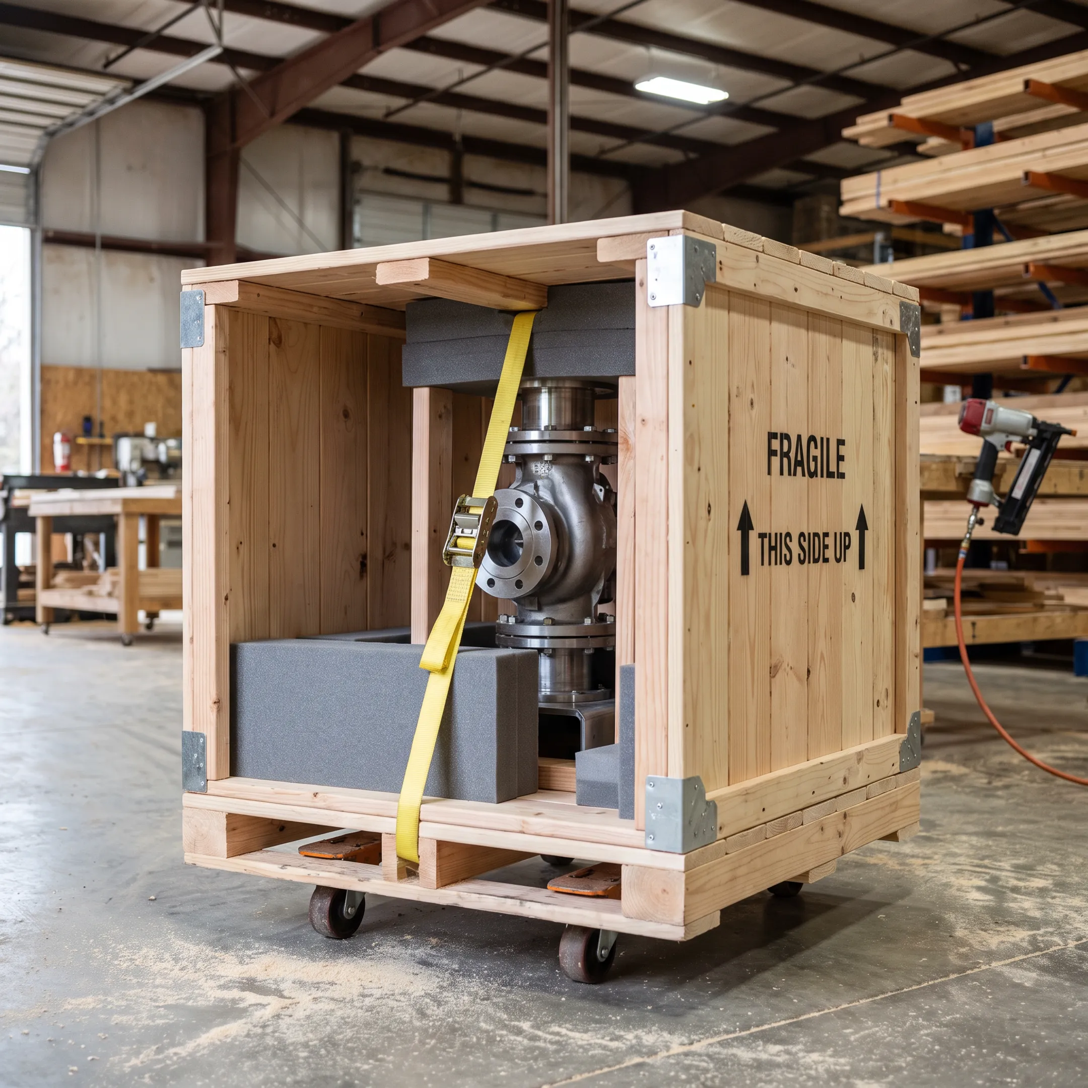 Fragile goods protected inside a shipping crate