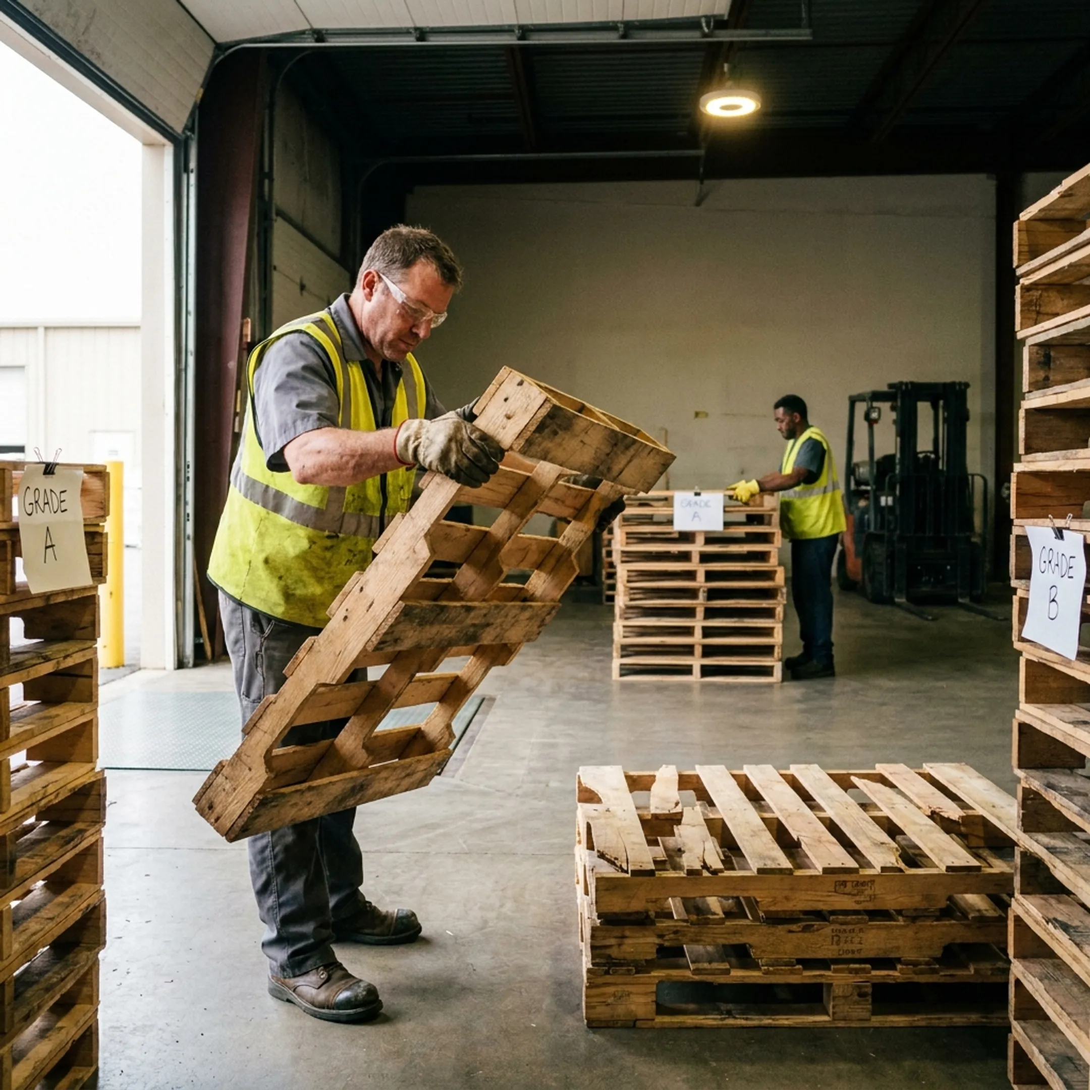 Recyclable wooden pallets inspected and organized for reuse