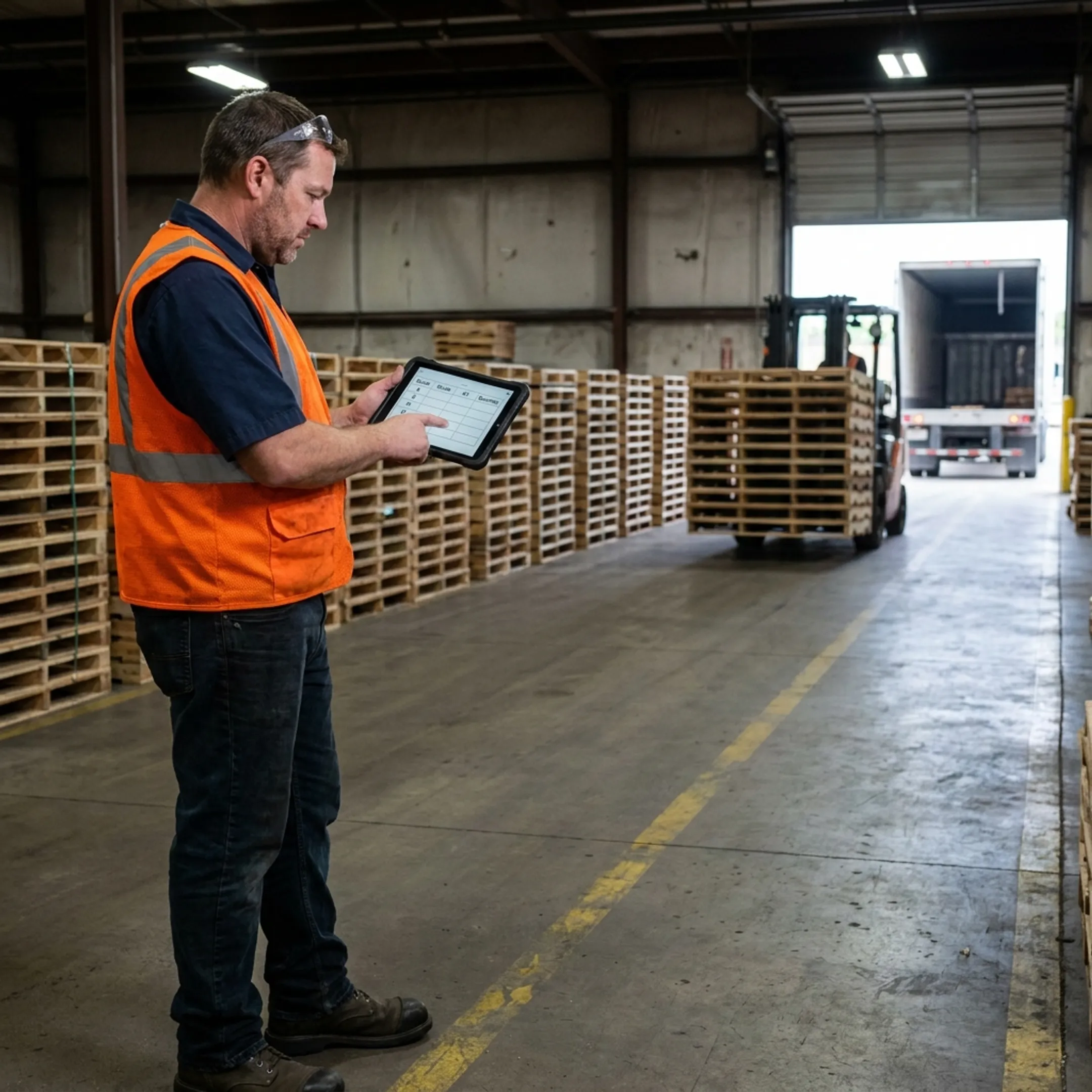 Warehouse manager reviewing pallet tracking information