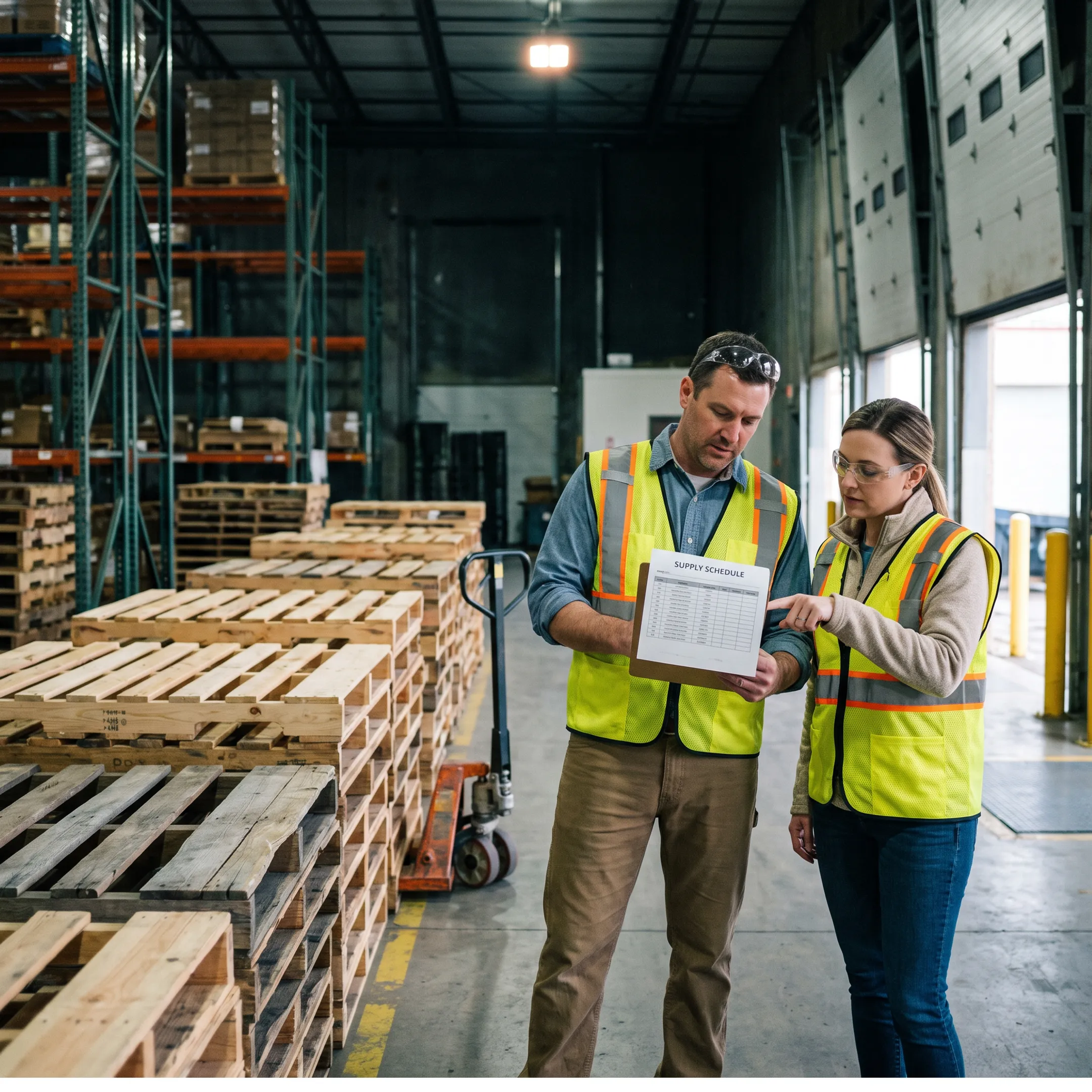Business pallet supply program being coordinated by logistics professionals