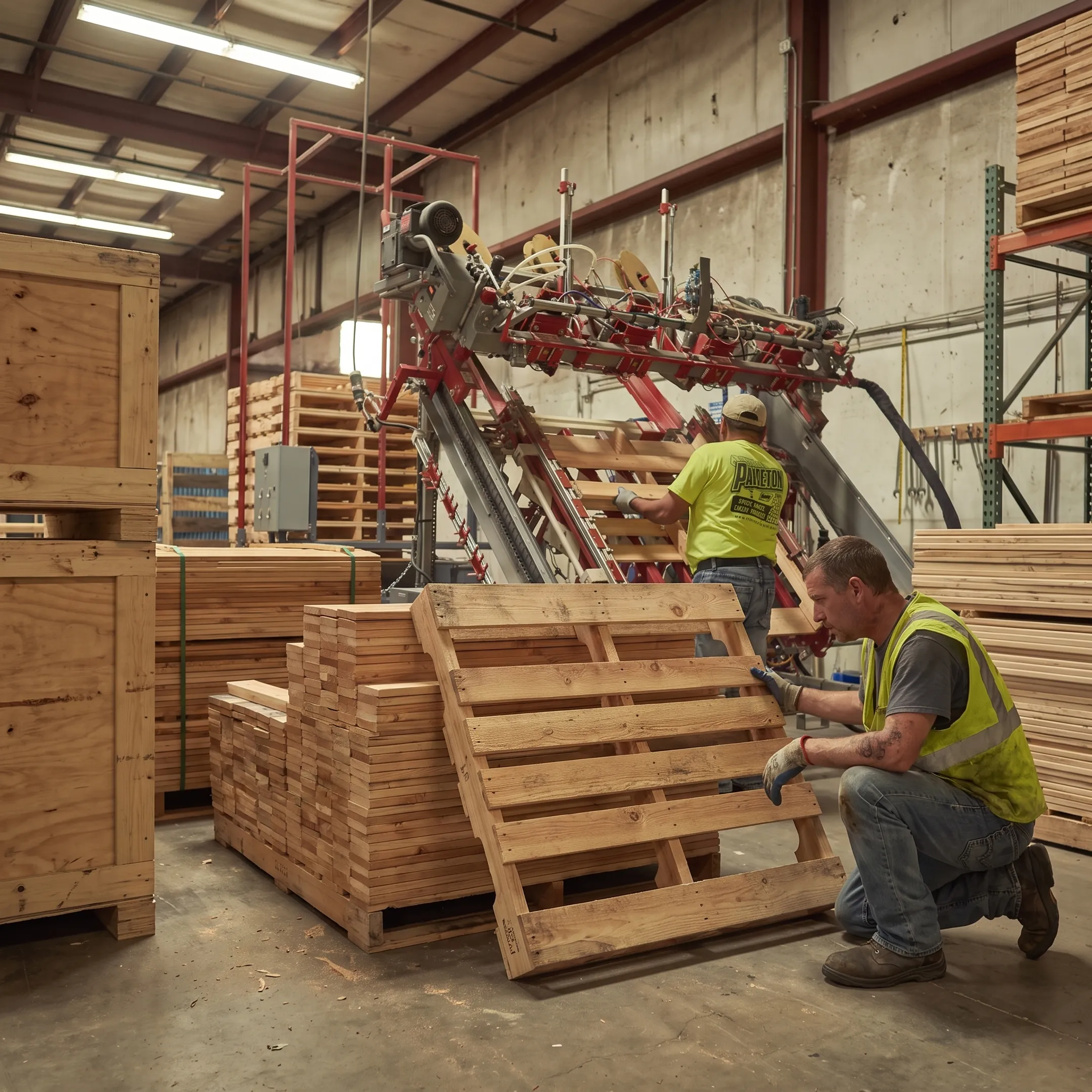 Pallet professional inspecting wooden pallets for shipment