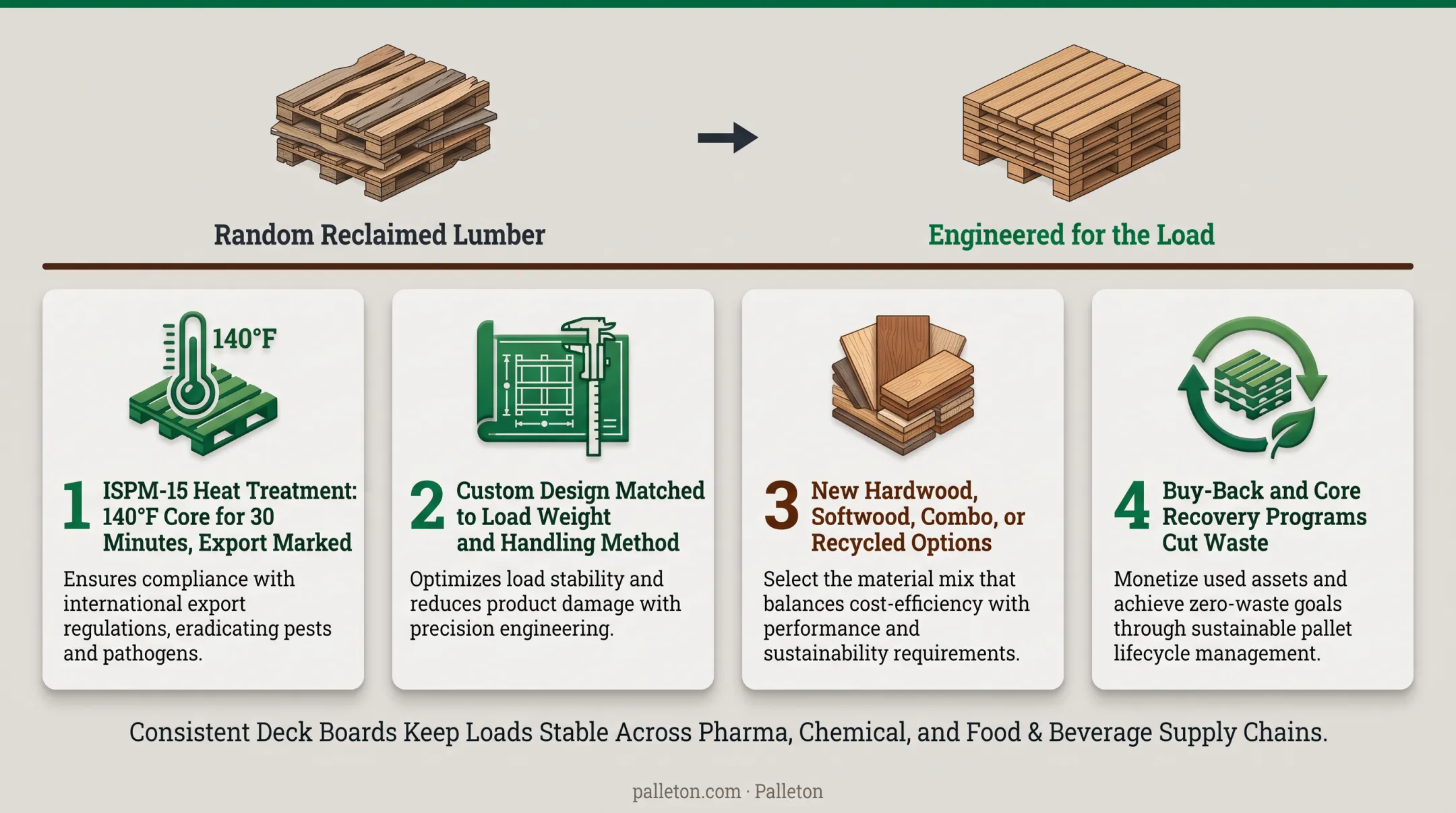 Palleton lumber mill facility producing custom heat-treated pallet deck boards