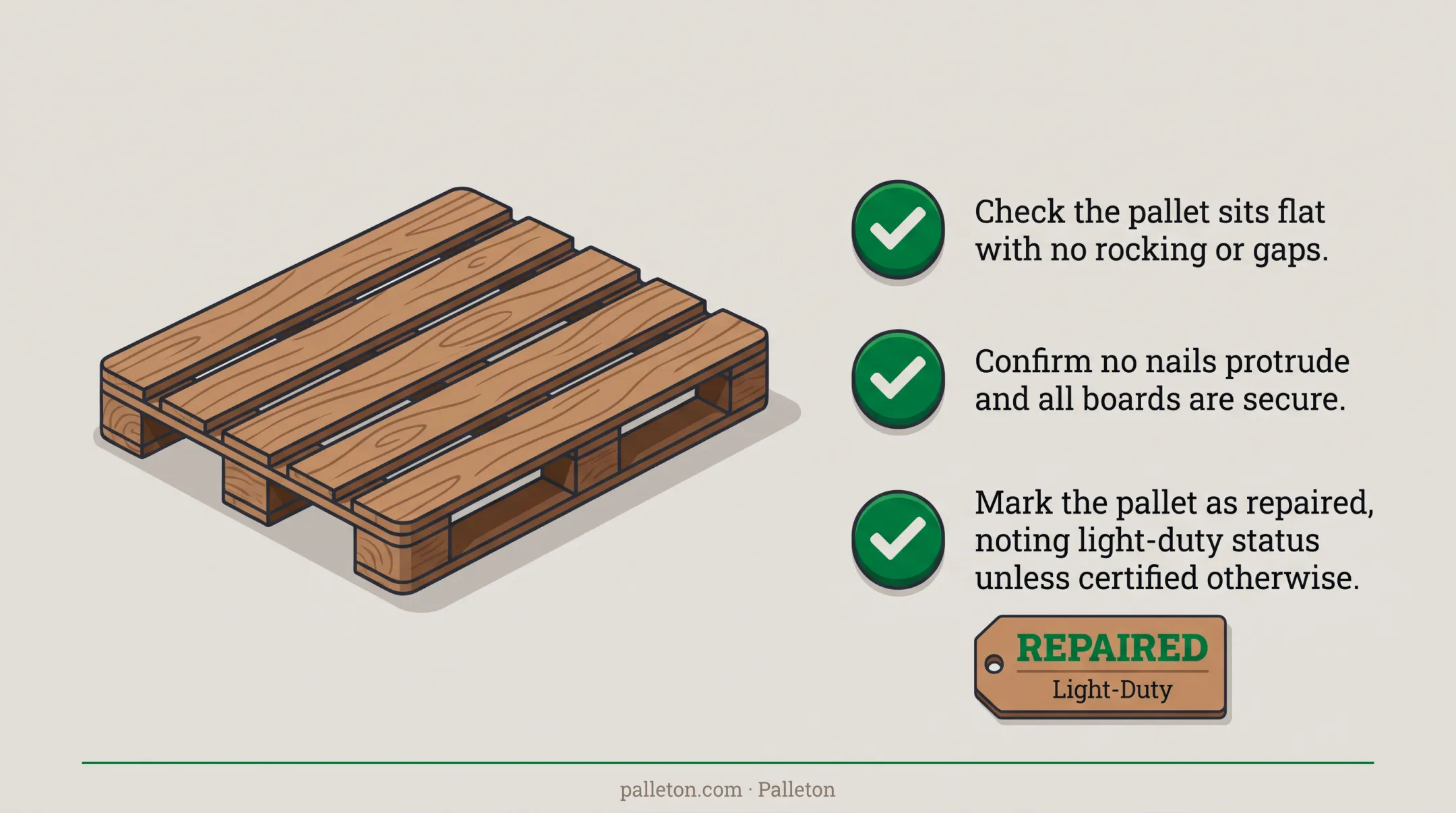 4-step wood pallet repair process from inspection to final testing