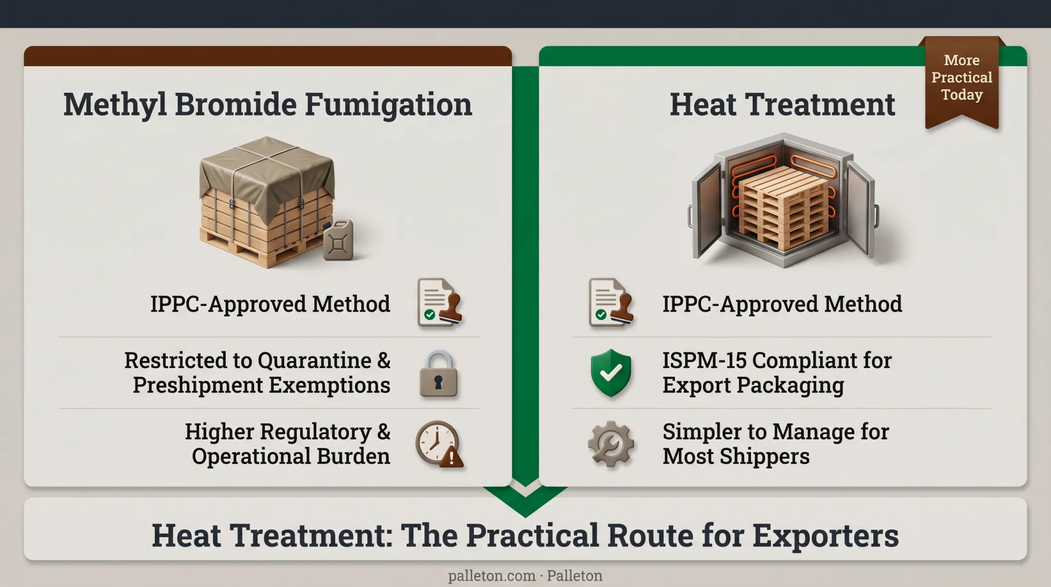 Heat treatment versus methyl bromide fumigation comparison chart for ISPM 15