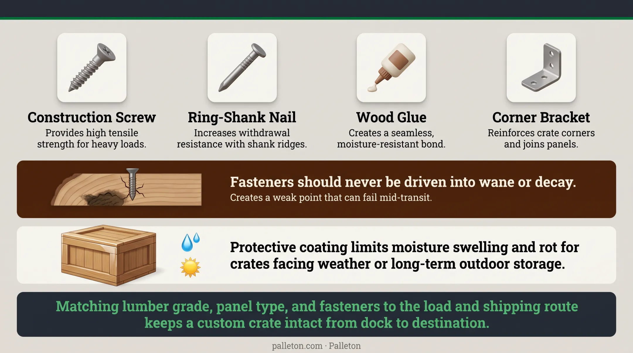 Crate materials comparison chart showing lumber panels and fasteners specifications