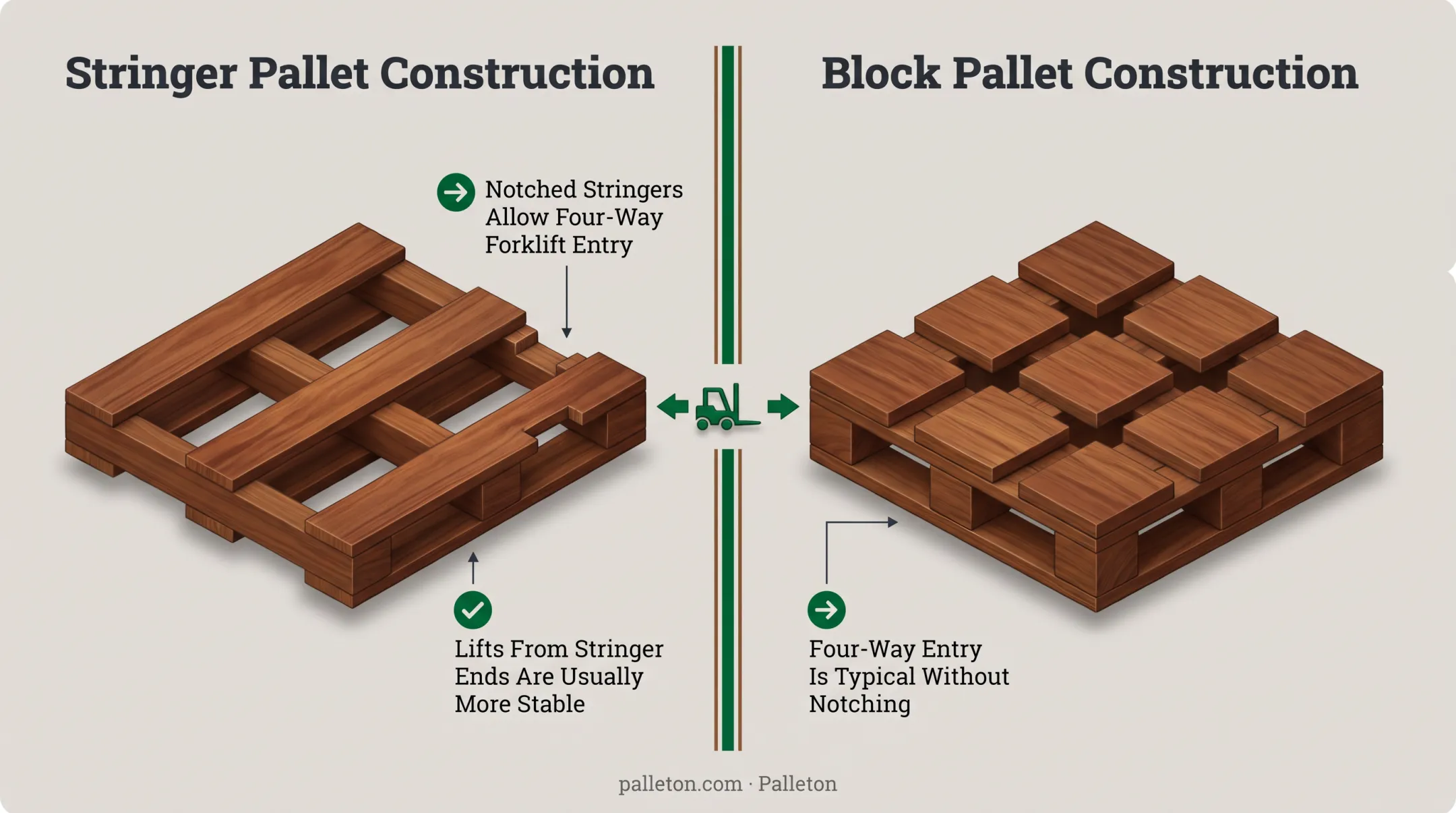 Block pallet versus stringer pallet construction side-by-side diagram