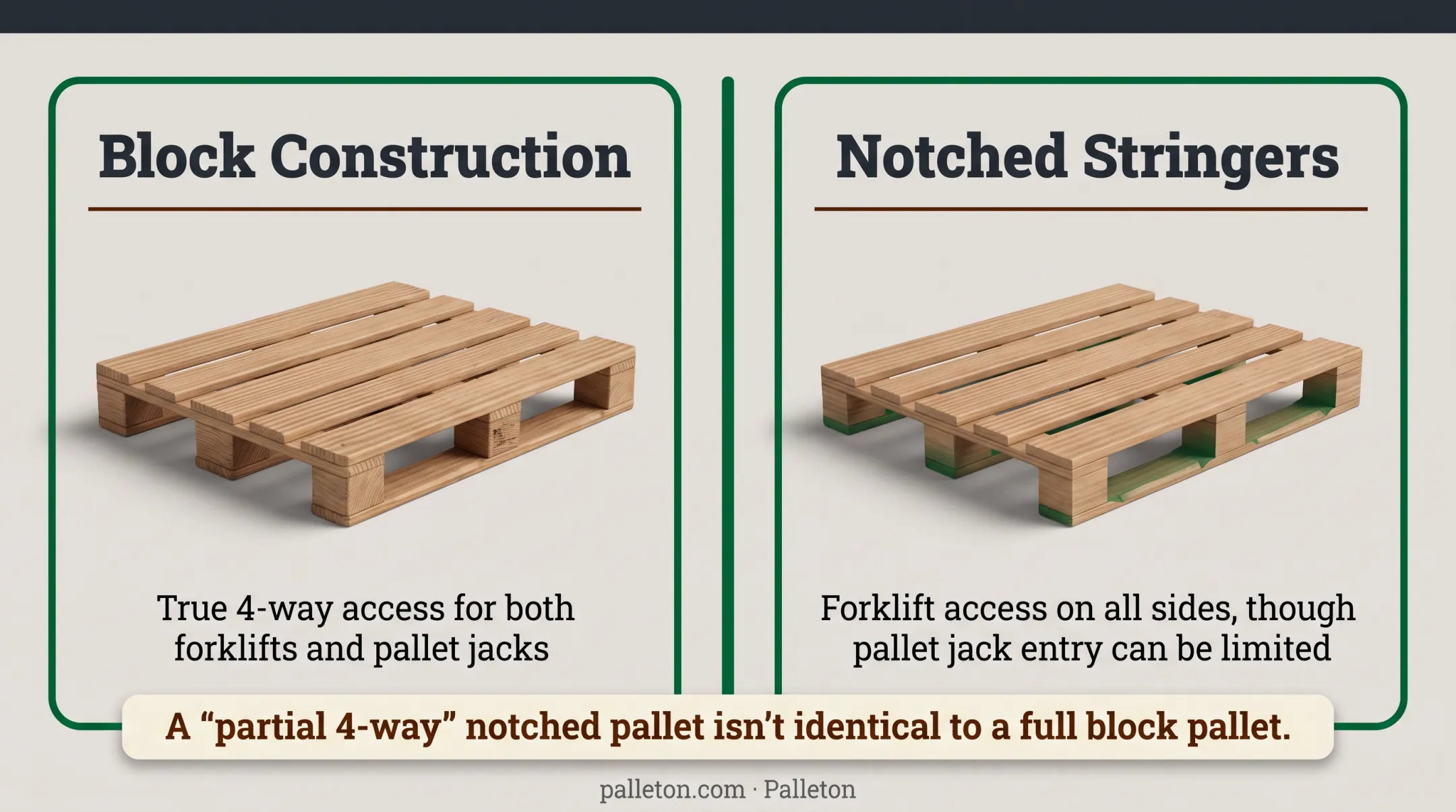 Block construction versus notched stringer 4-way pallet design differences