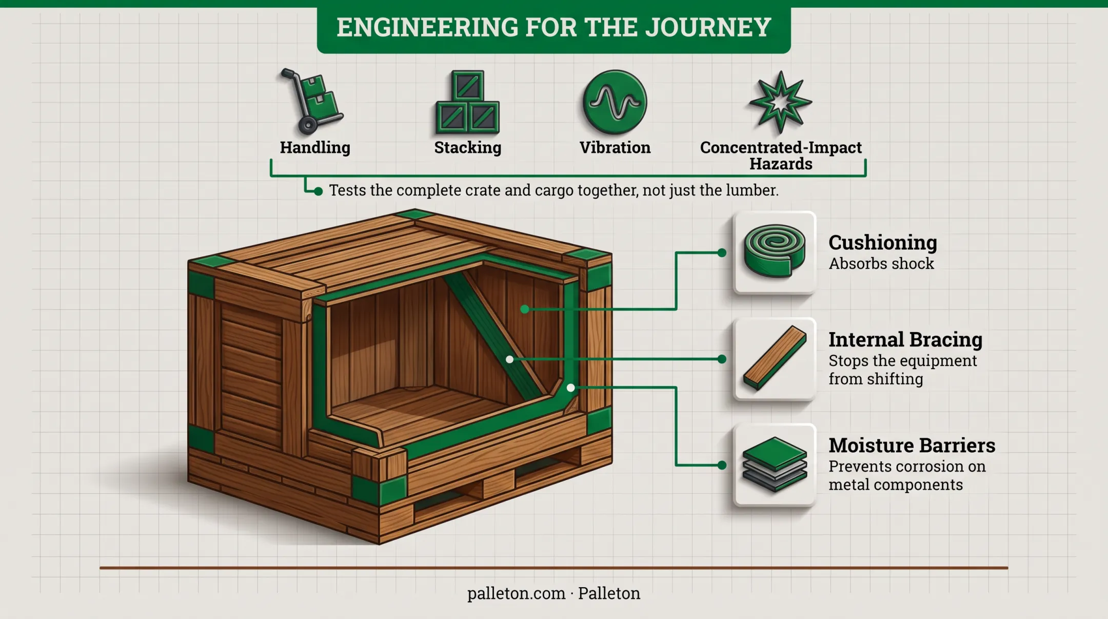 Equipment crate internal protection components cushioning bracing moisture barrier diagram