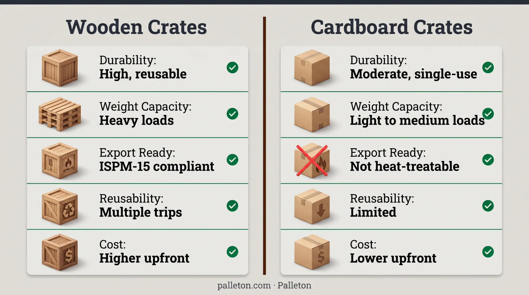 Wooden crates versus cardboard crates comparison chart across five factors