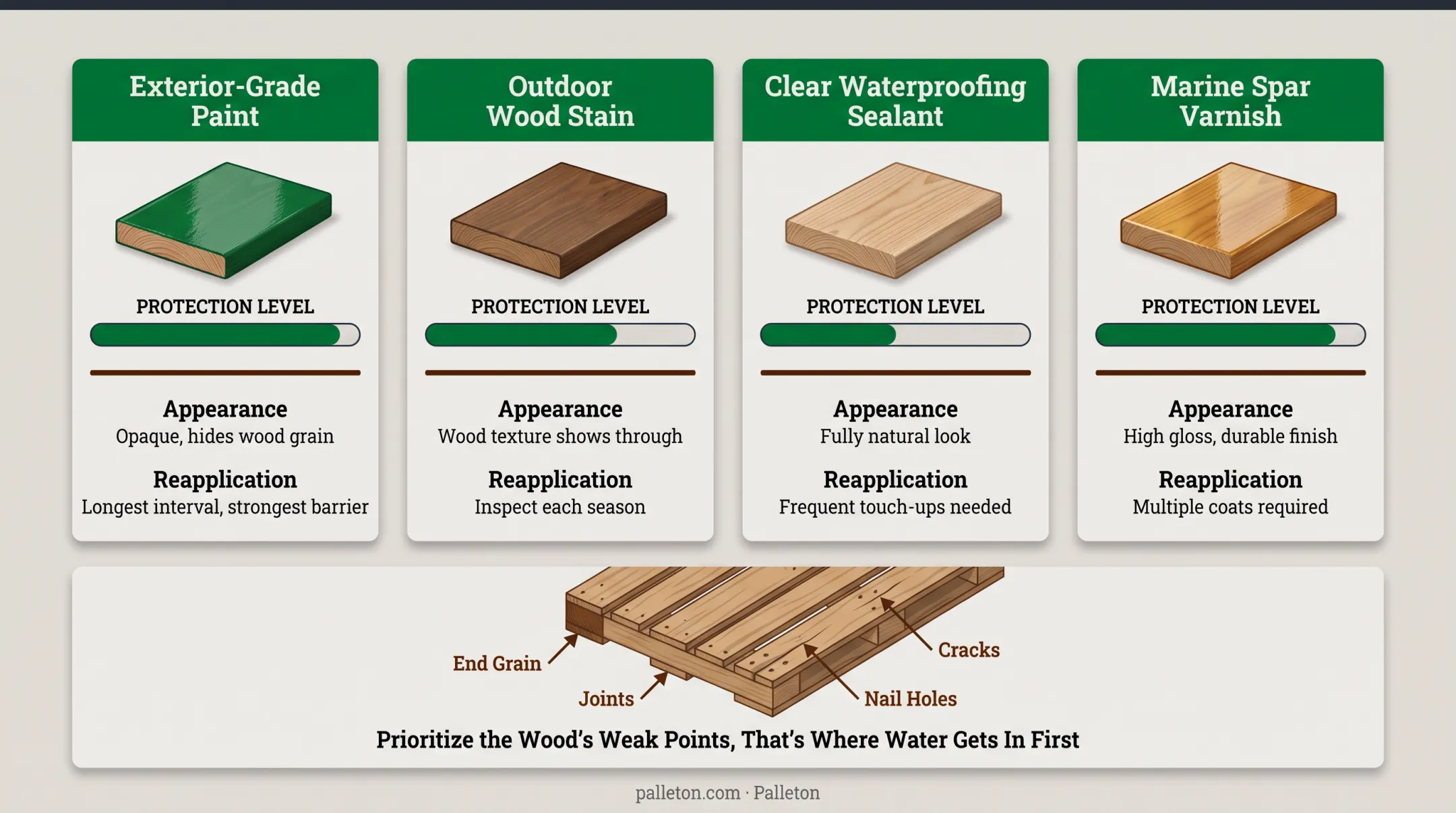 Comparison chart of five outdoor wood pallet finish options