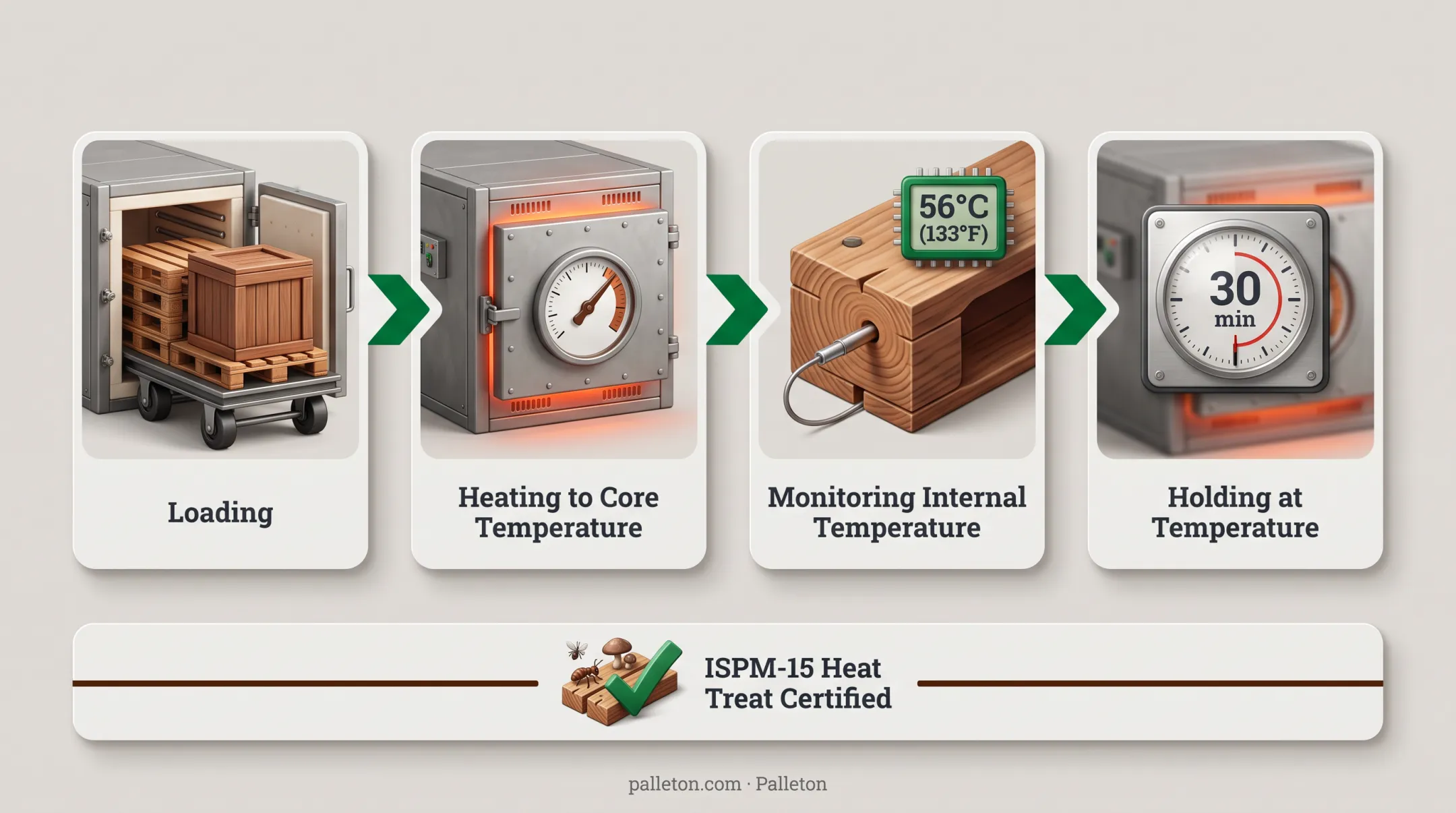 Industrial kiln heat treating wood pallets for ISPM-15 compliance