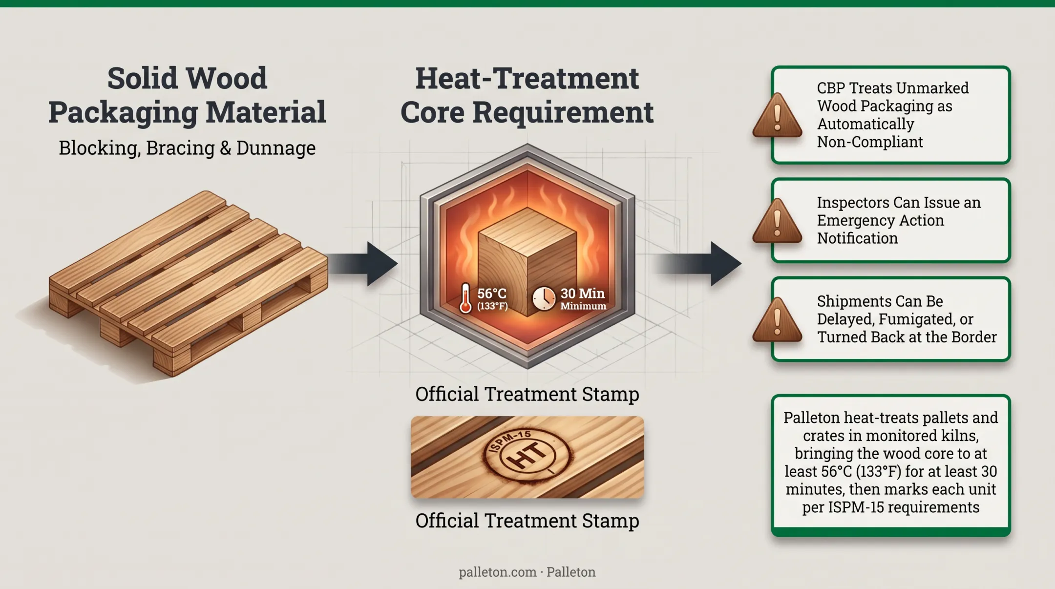 Heat-treated ISPM-15 stamped wood pallets in industrial kiln facility
