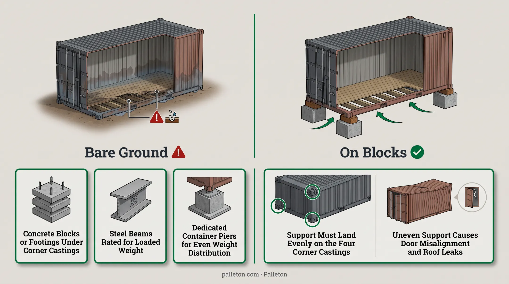 Shipping container elevated on concrete corner block supports