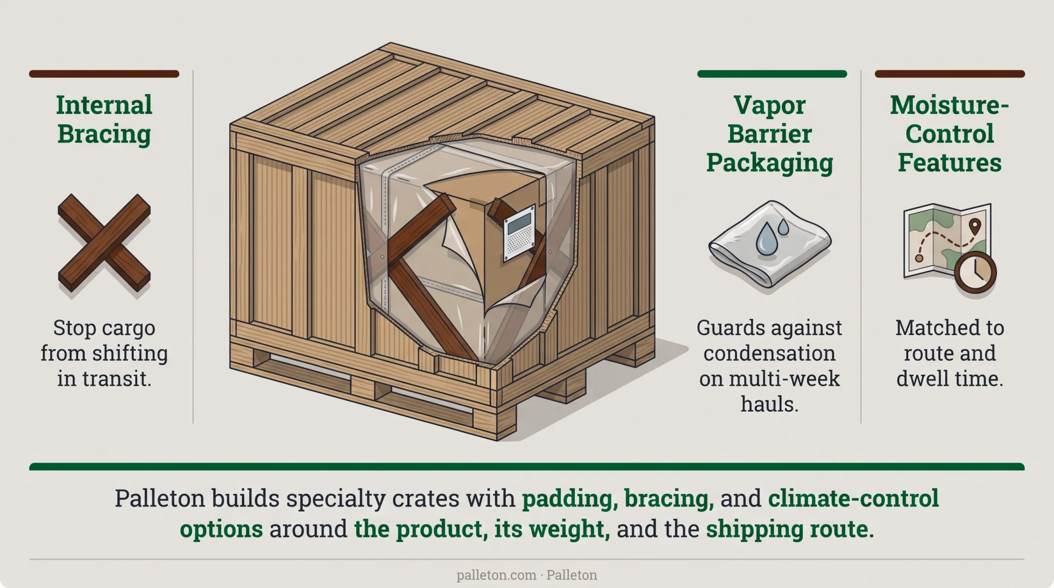 Reinforced wooden shipping crate with internal bracing and vapor barrier packaging