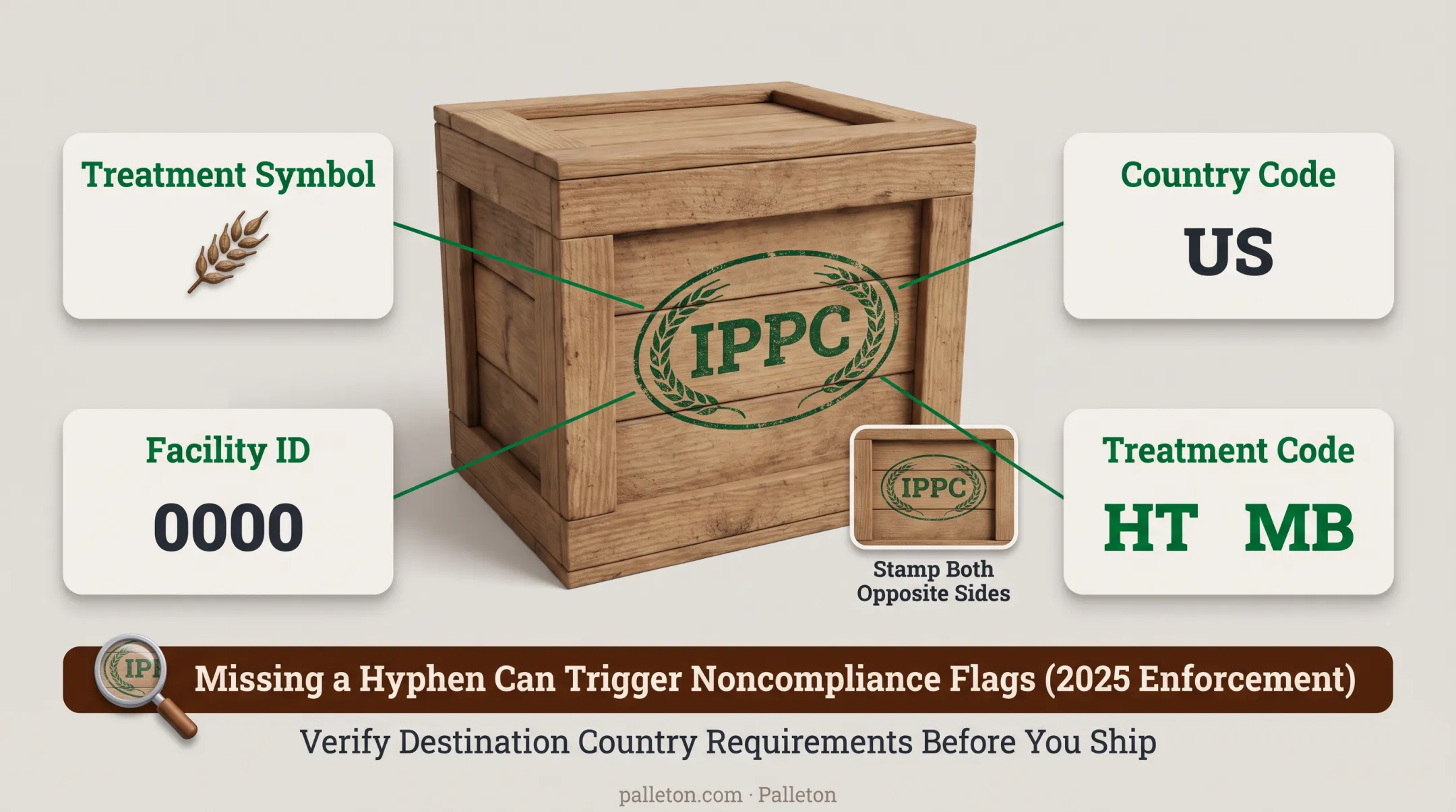 IPPC bug stamp mark components and ISPM-15 treatment code breakdown