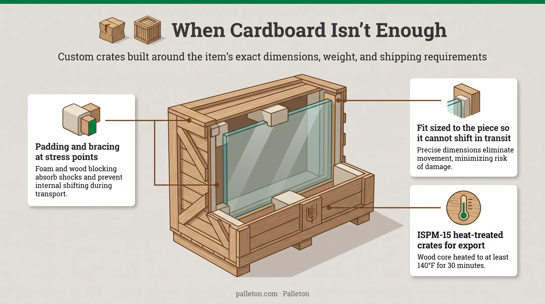 Custom wood crate built around glass panel with protective bracing