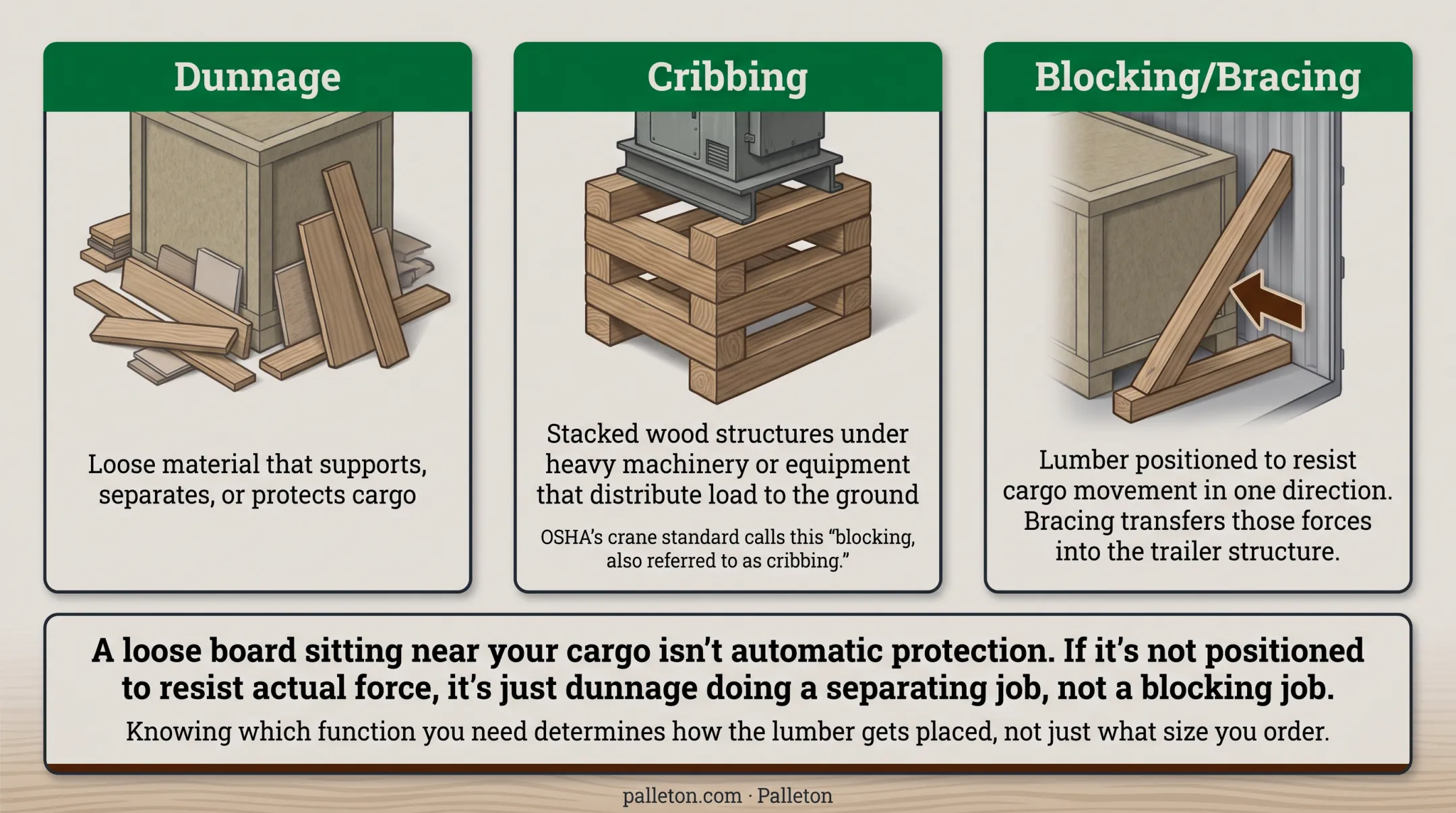Dunnage cribbing and blocking function comparison chart