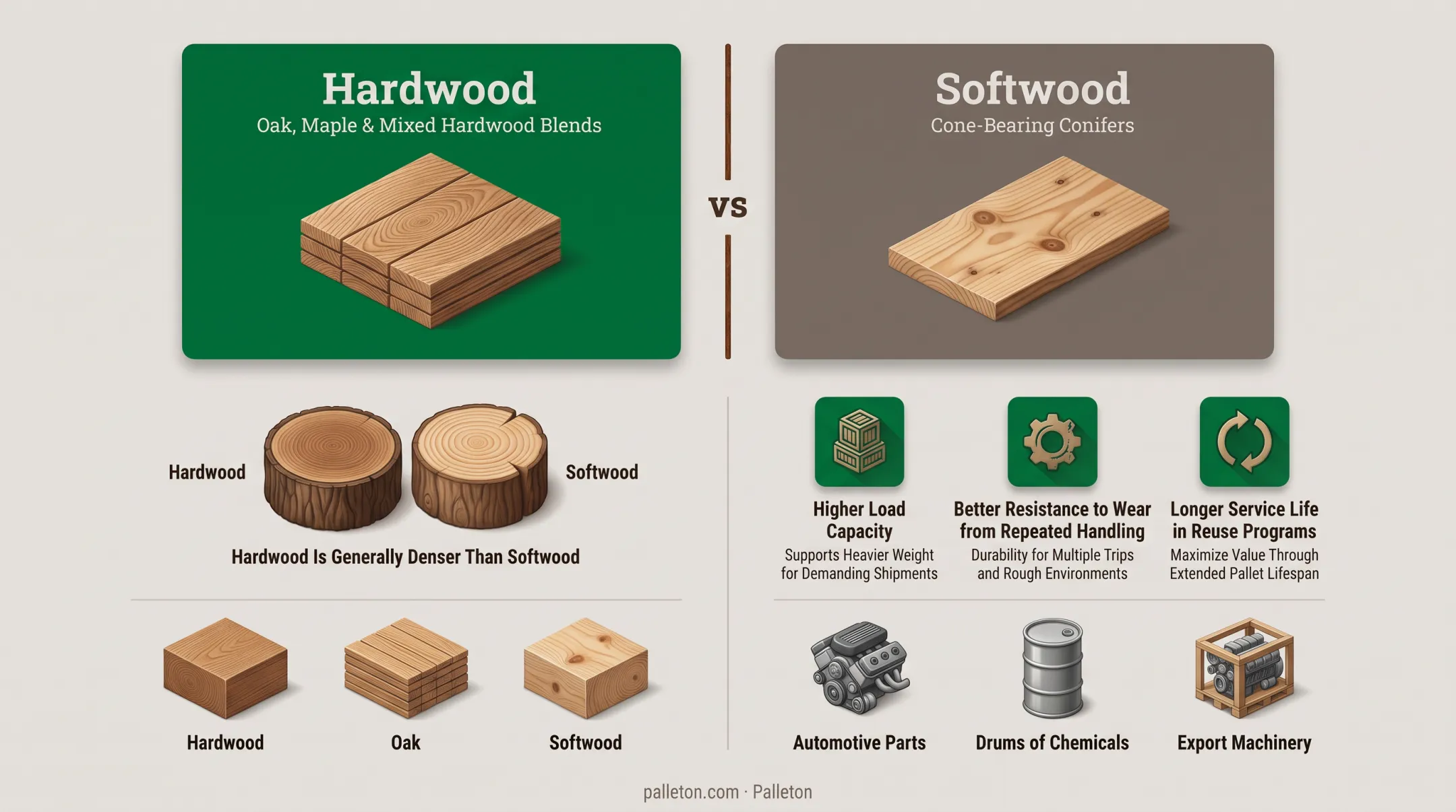 Stack of hardwood pallets loaded with heavy industrial machinery parts