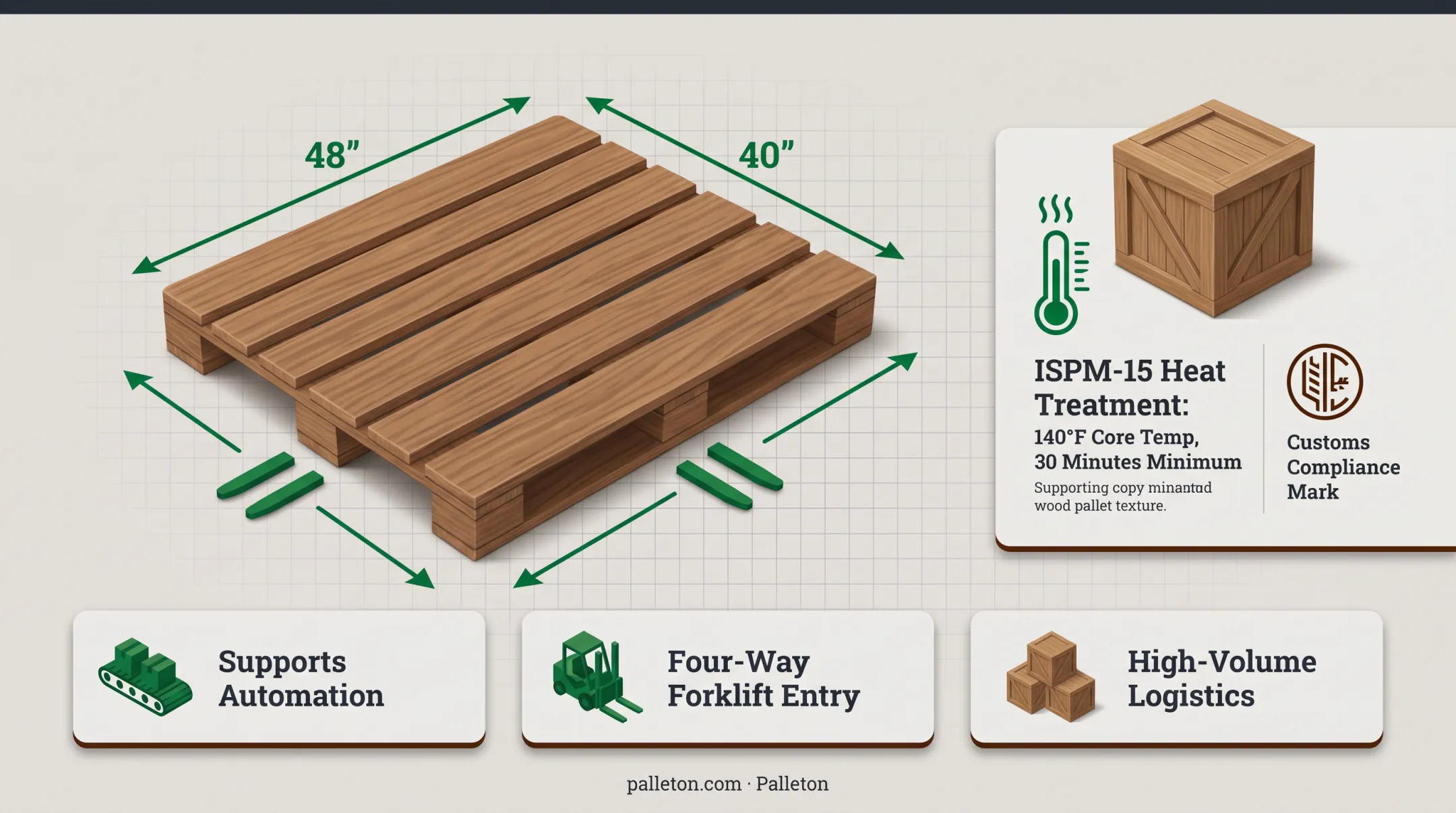Palleton ISPM-15 heat-treated pallet stamp and stacked hardwood pallets