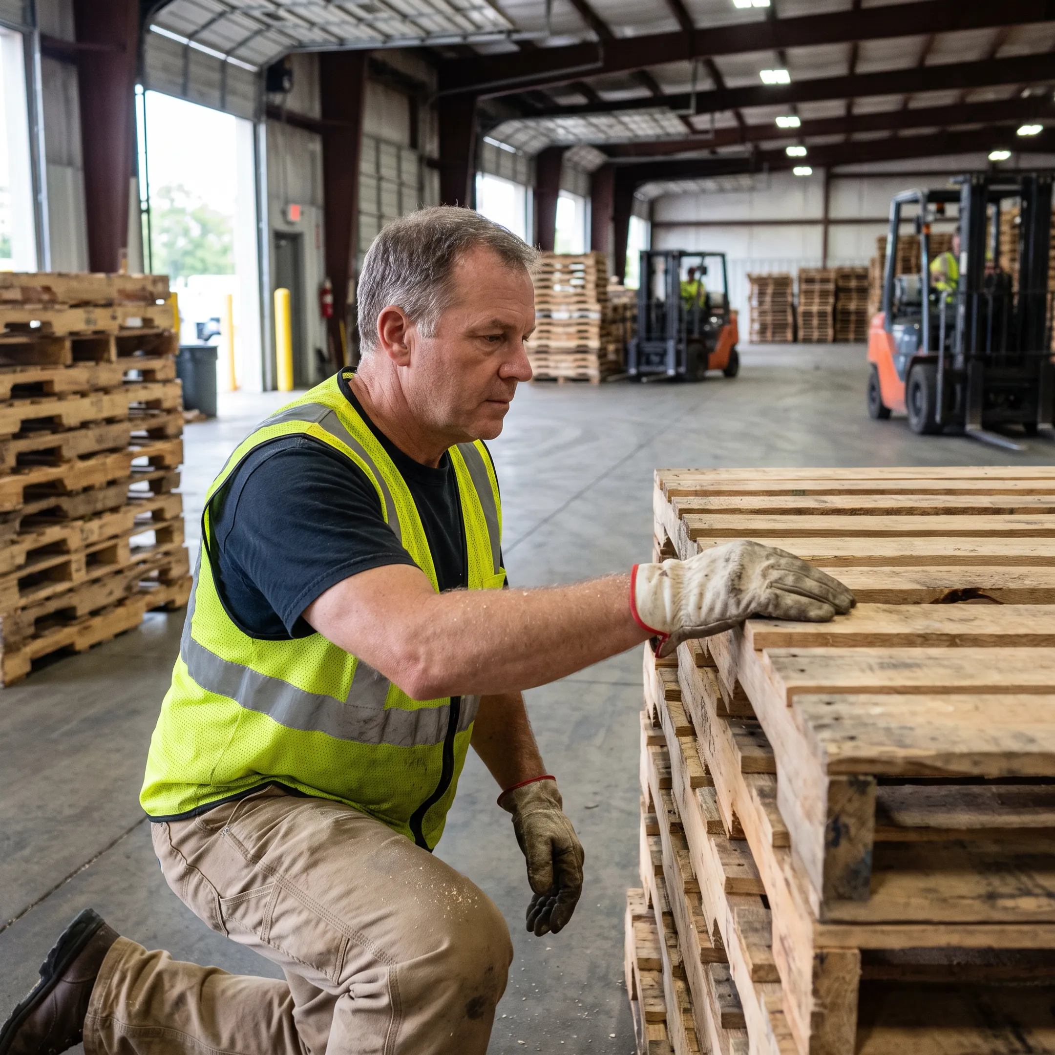 Pallet technician inspecting a recovered wooden pallet
