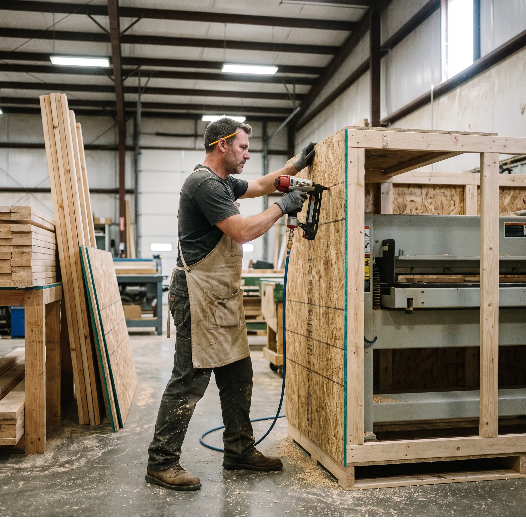 Worker assembling a custom OSB crate