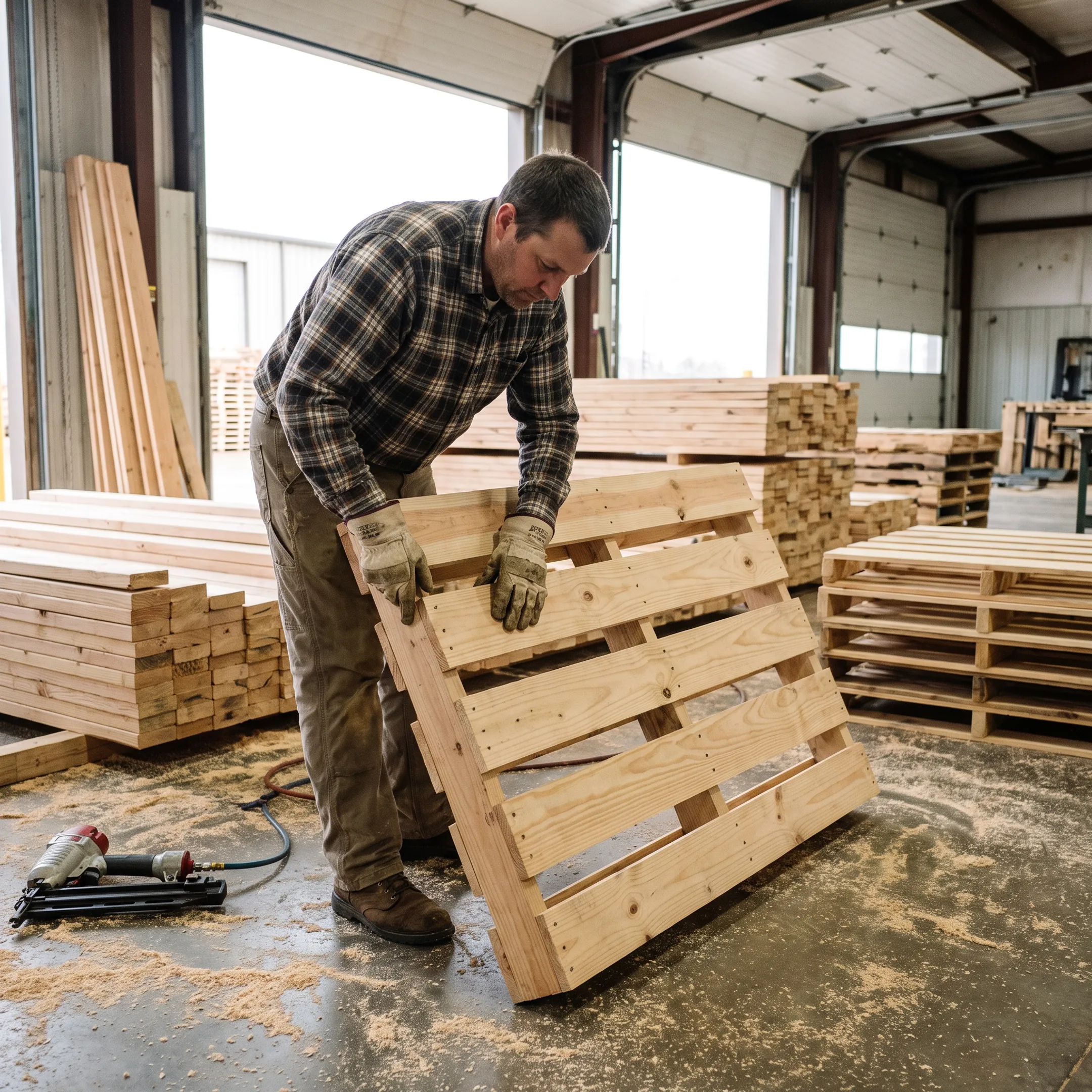 Worker inspecting custom wooden pallets